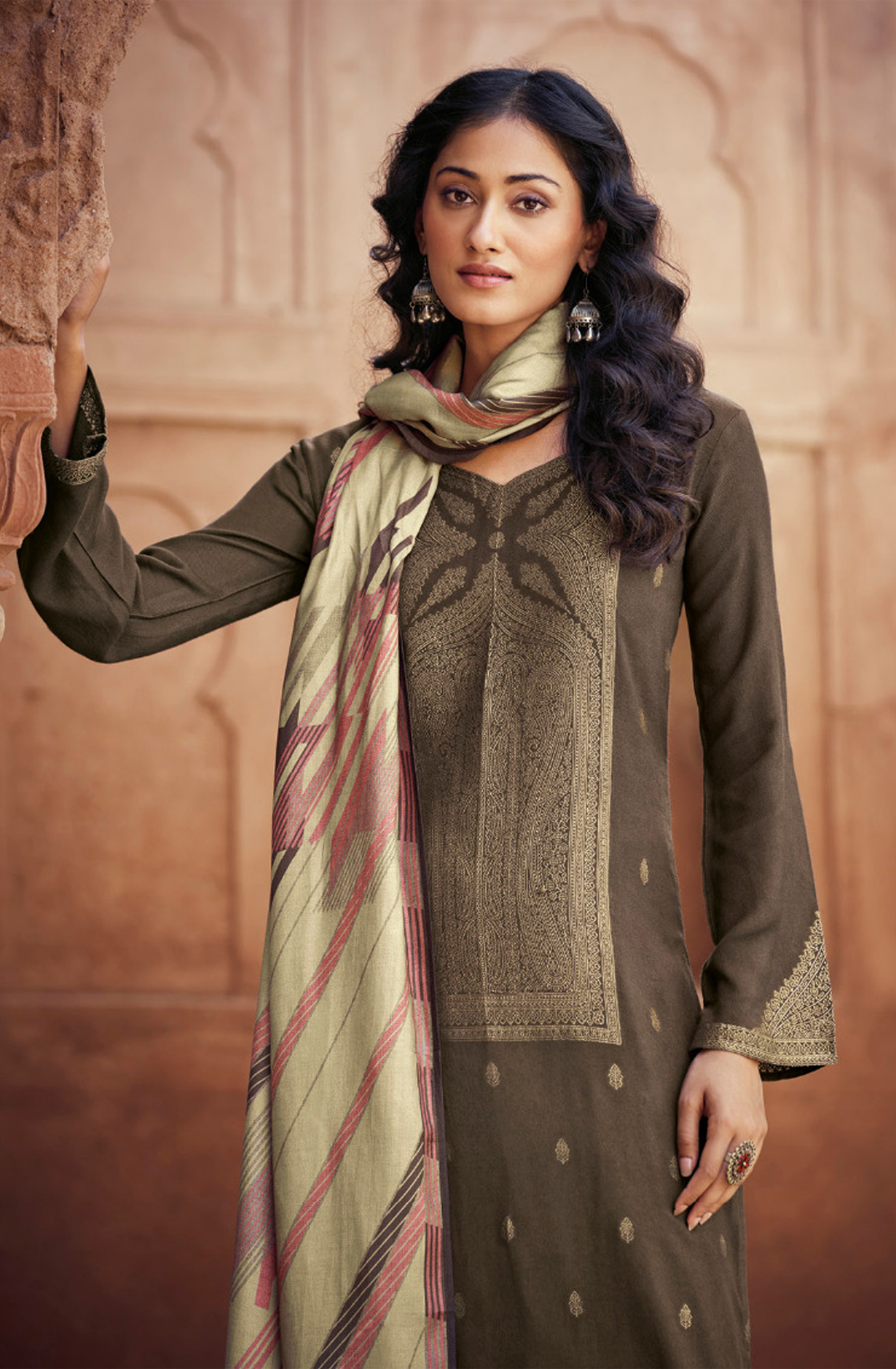 Coffee Brown Pashmina Jacquard Work Suit Sets - AAM3441D