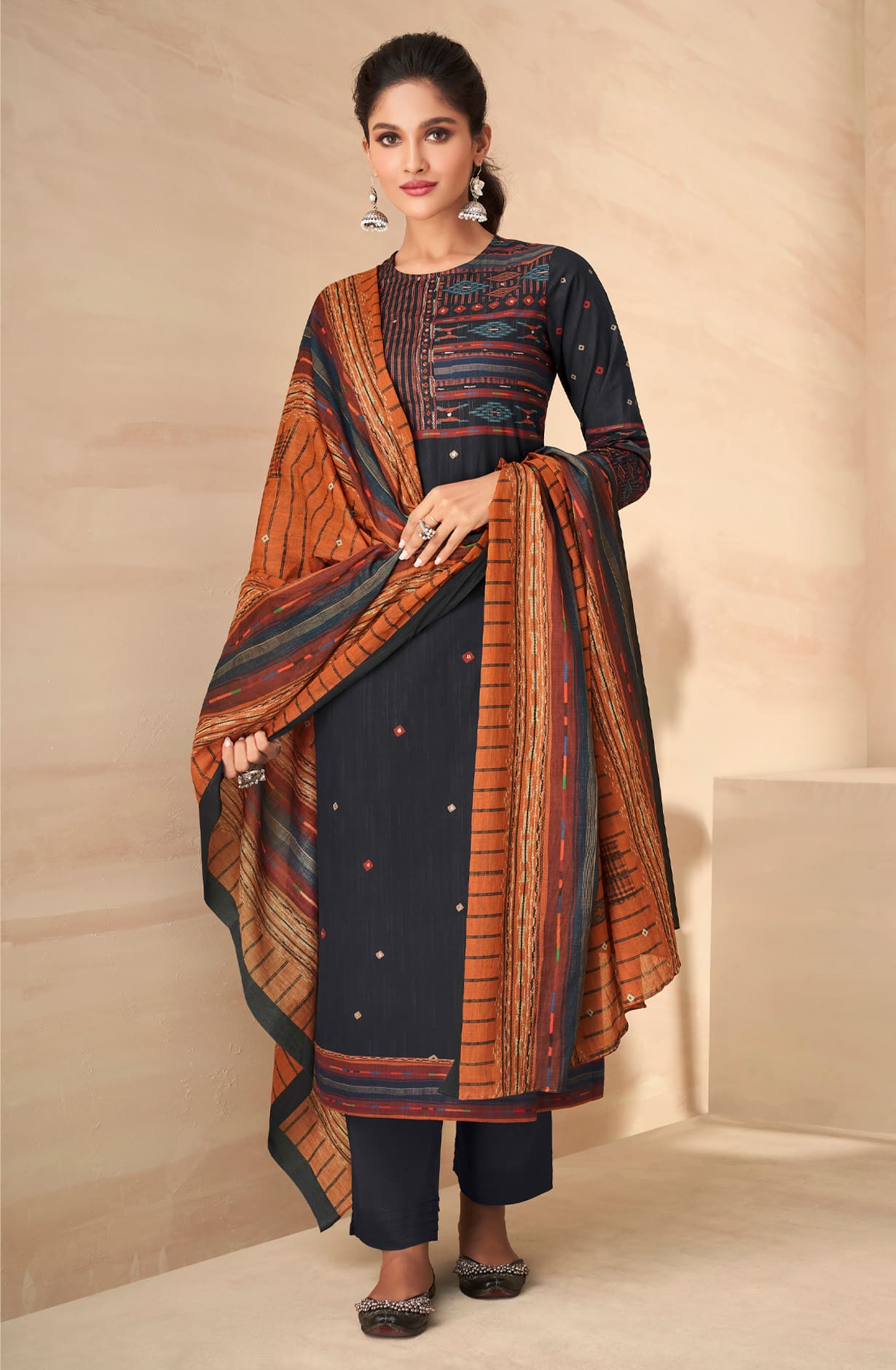 Black Spun Winterwear Printed Unstitched Salwar Kameez - AAR1475