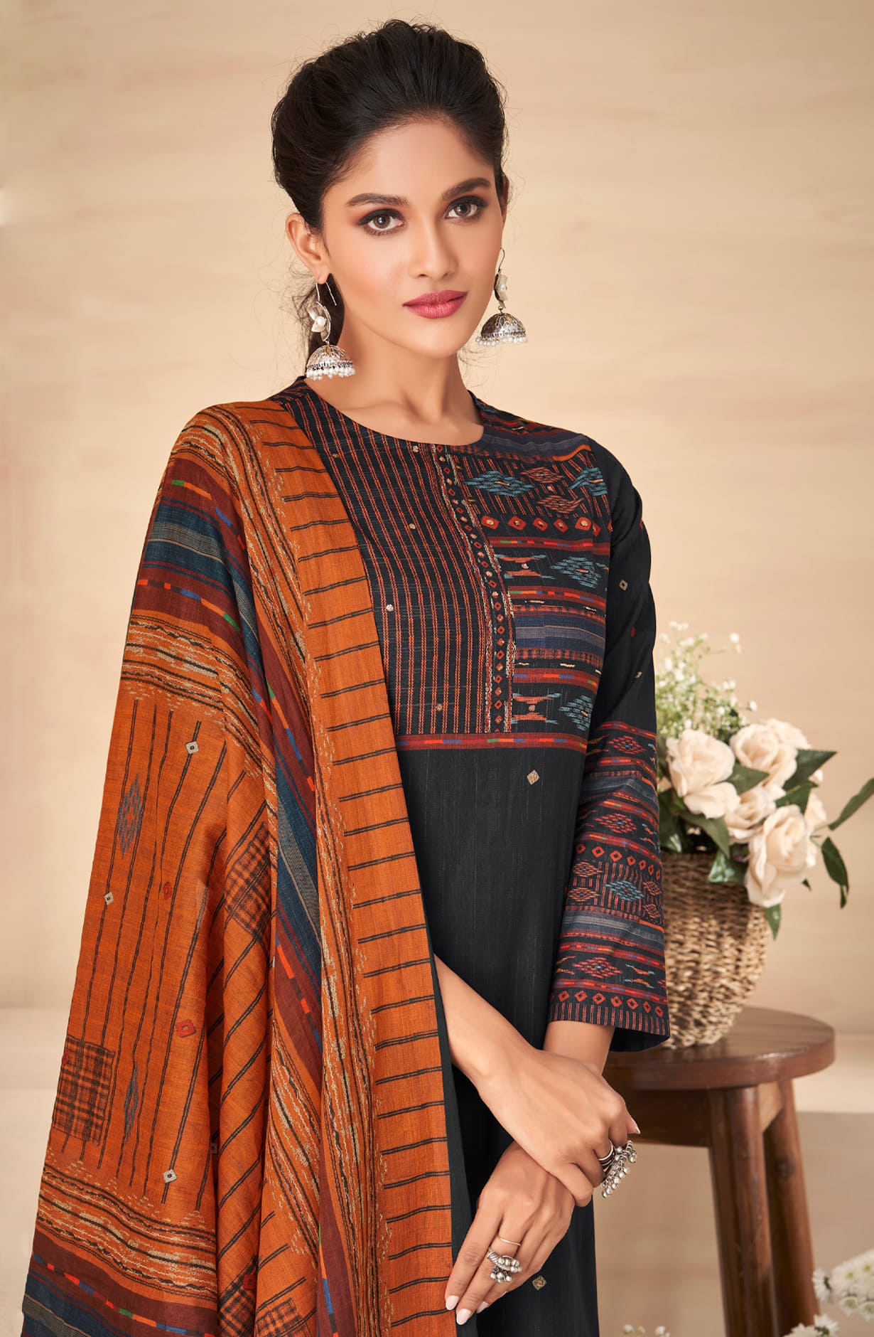 Black Spun Winterwear Printed Unstitched Salwar Kameez - AAR1475