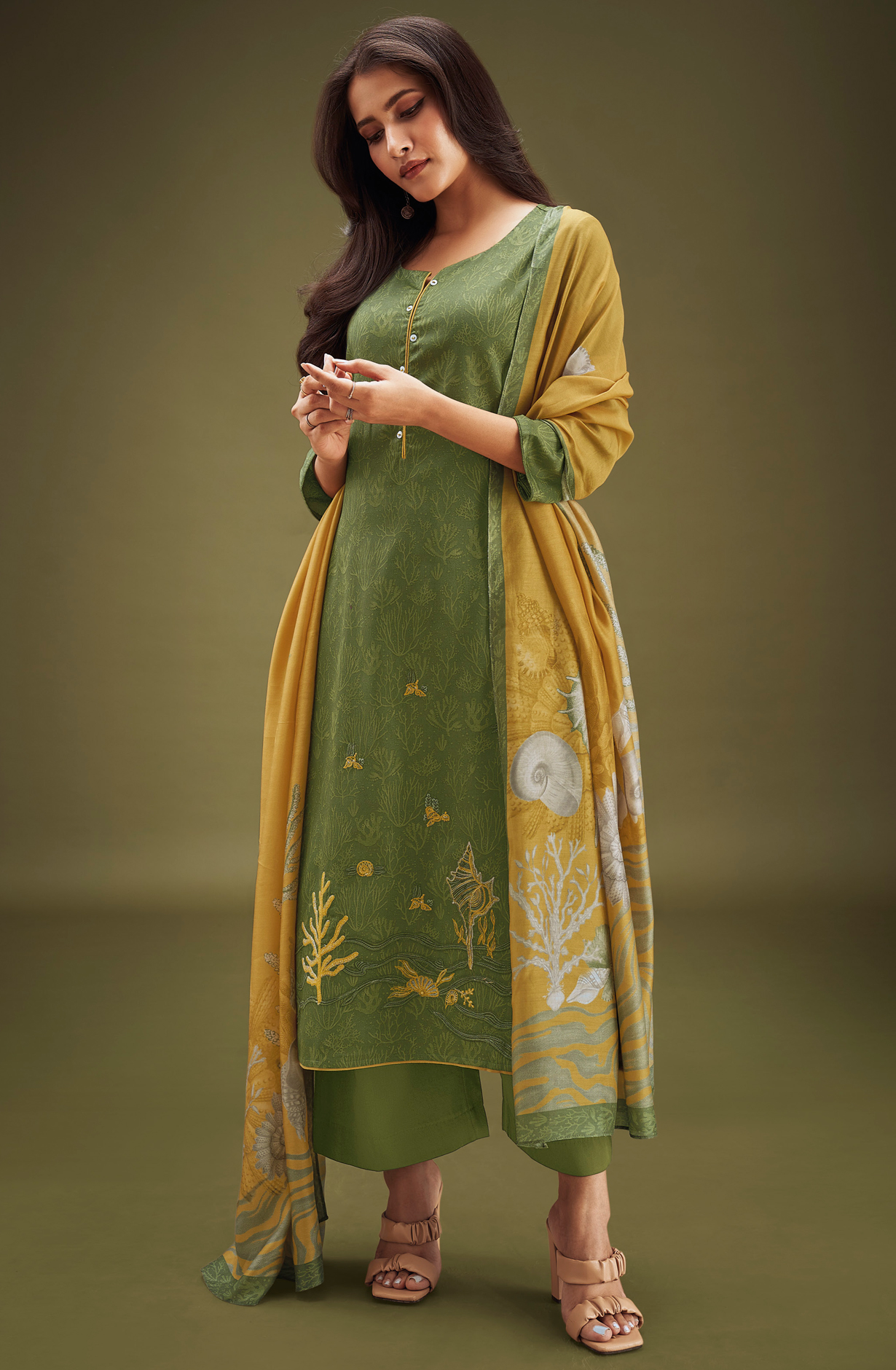 Mehndi Beautiful Cotton Silk Salwar Kameez with Dupatta  - AARS1864C