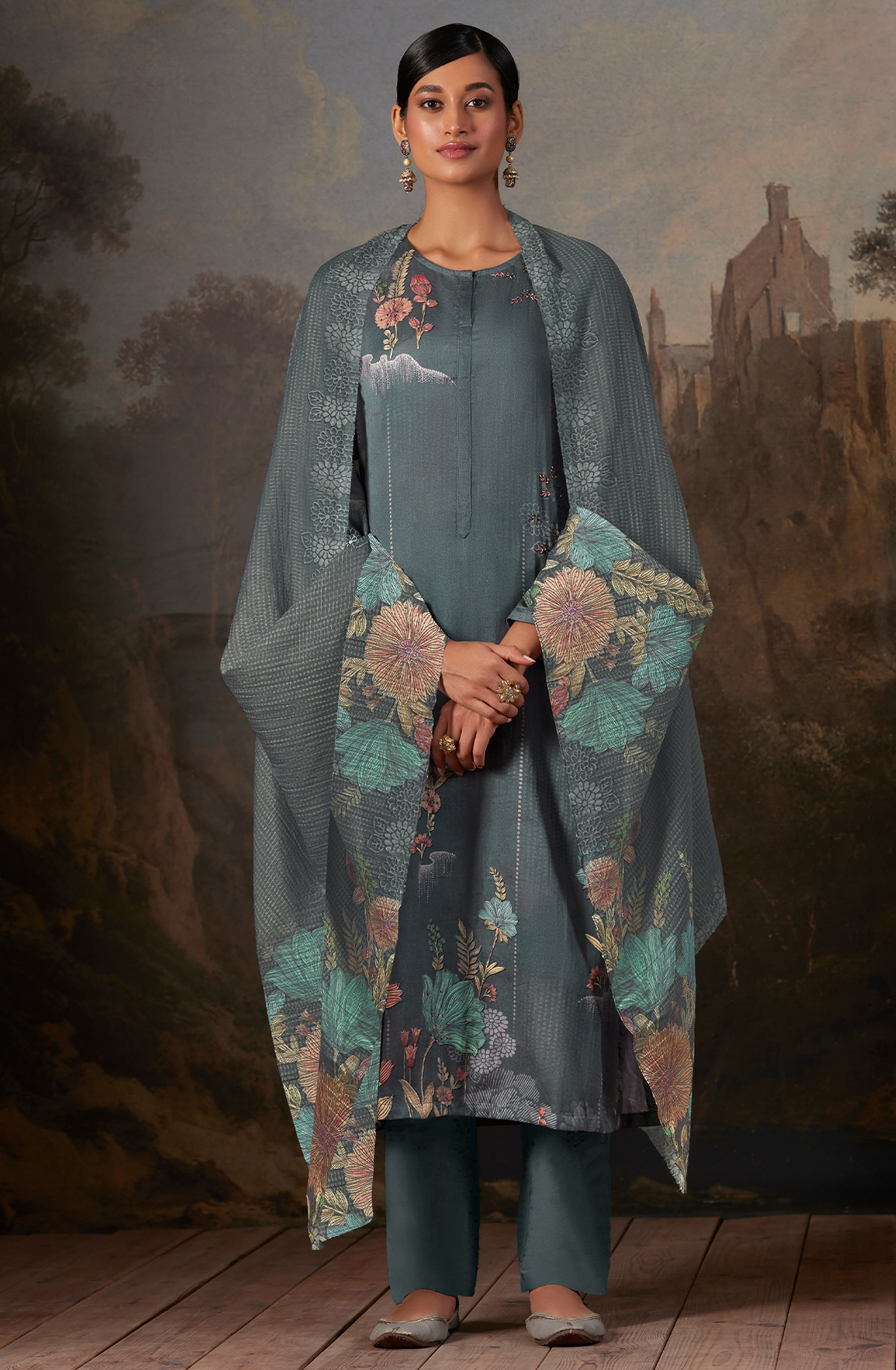 Cotton Grey Digital Printed Unstitched Salwar Kameez - AAS910