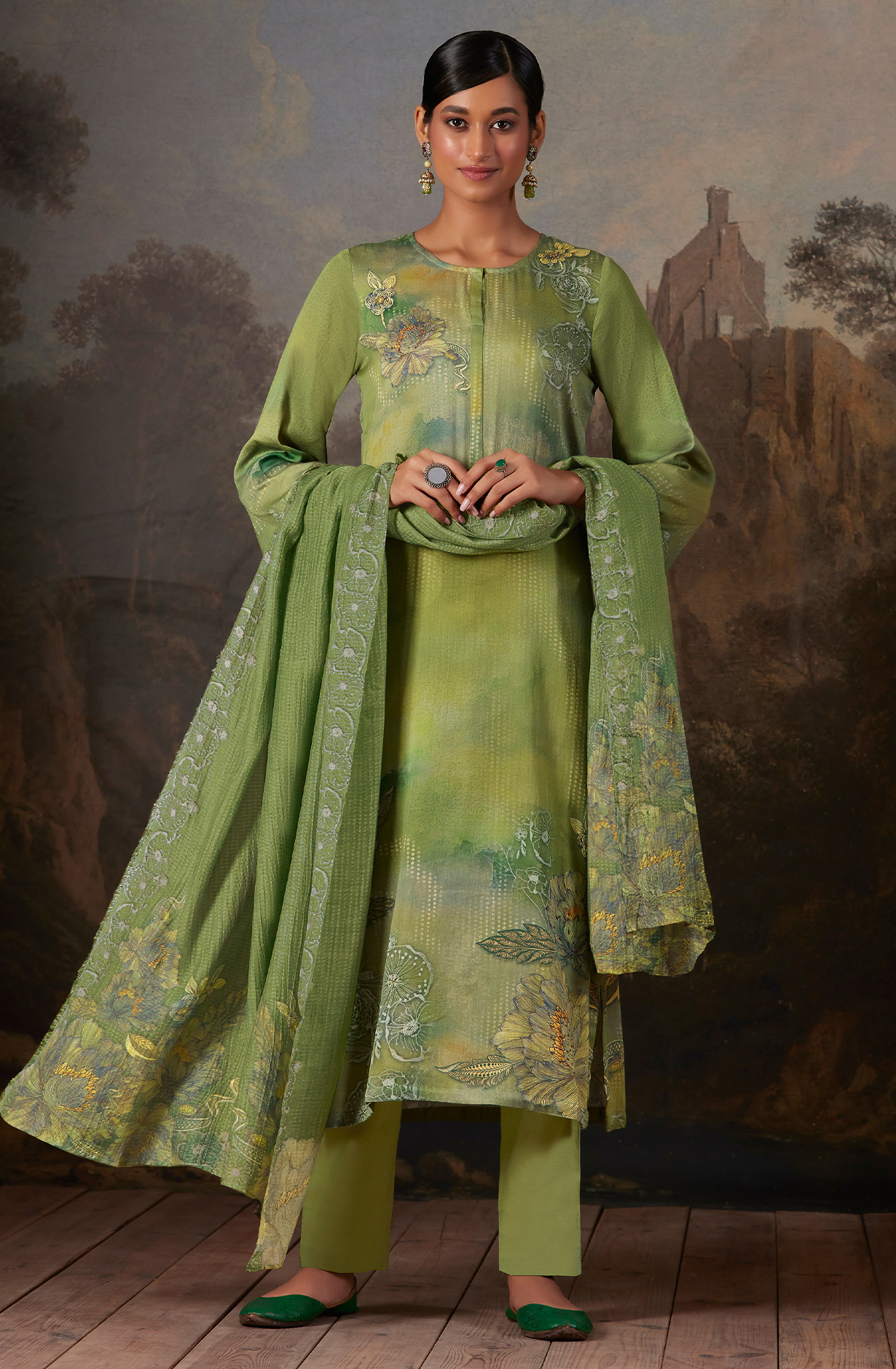 Cotton Parrot Green Digital Printed Unstitched Salwar Kameez - AAS950