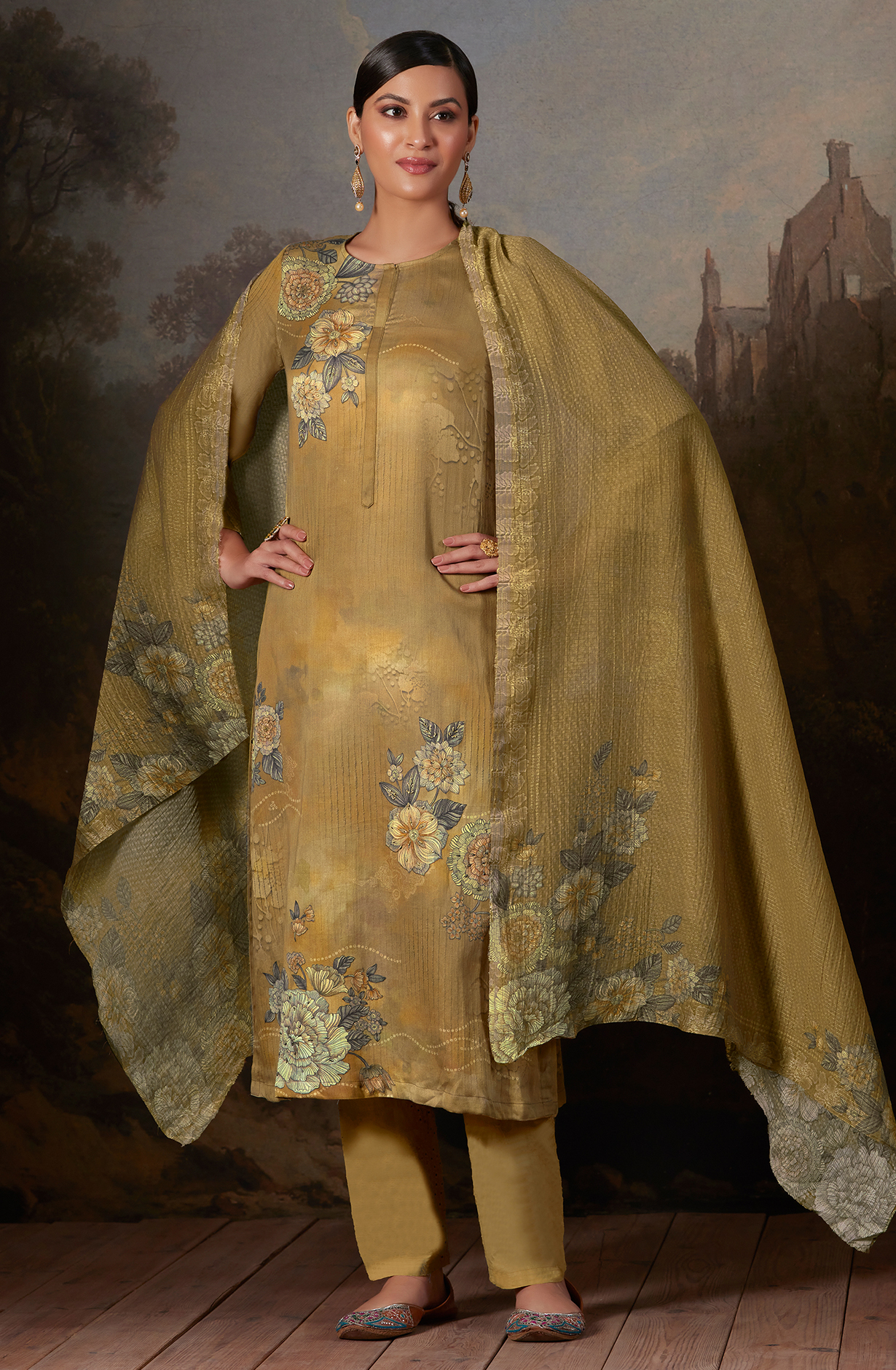 Cotton Mehndi Green Digital Printed Unstitched Salwar Kameez - AAS960