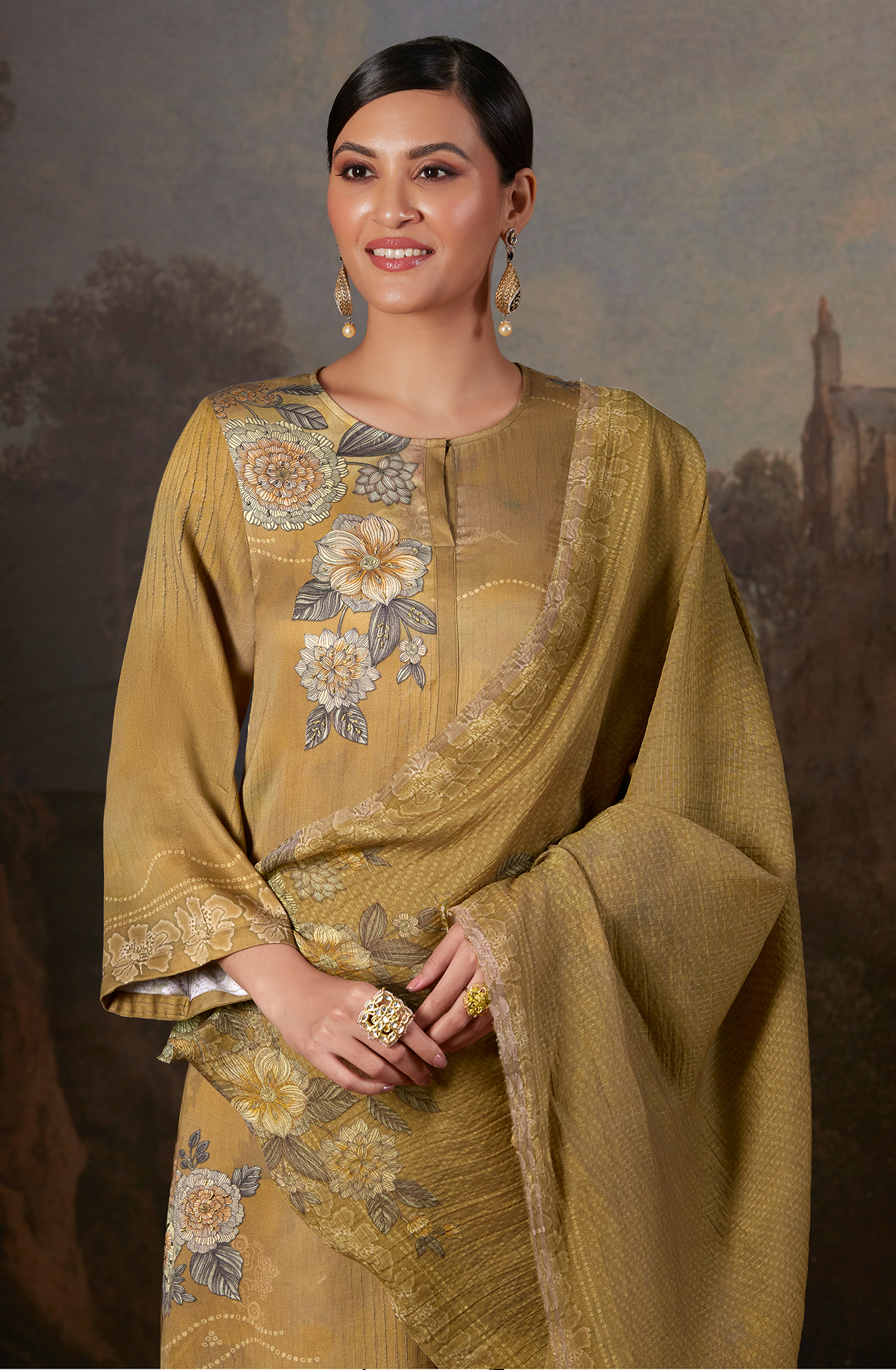 Cotton Mehndi Green Digital Printed Unstitched Salwar Kameez - AAS960