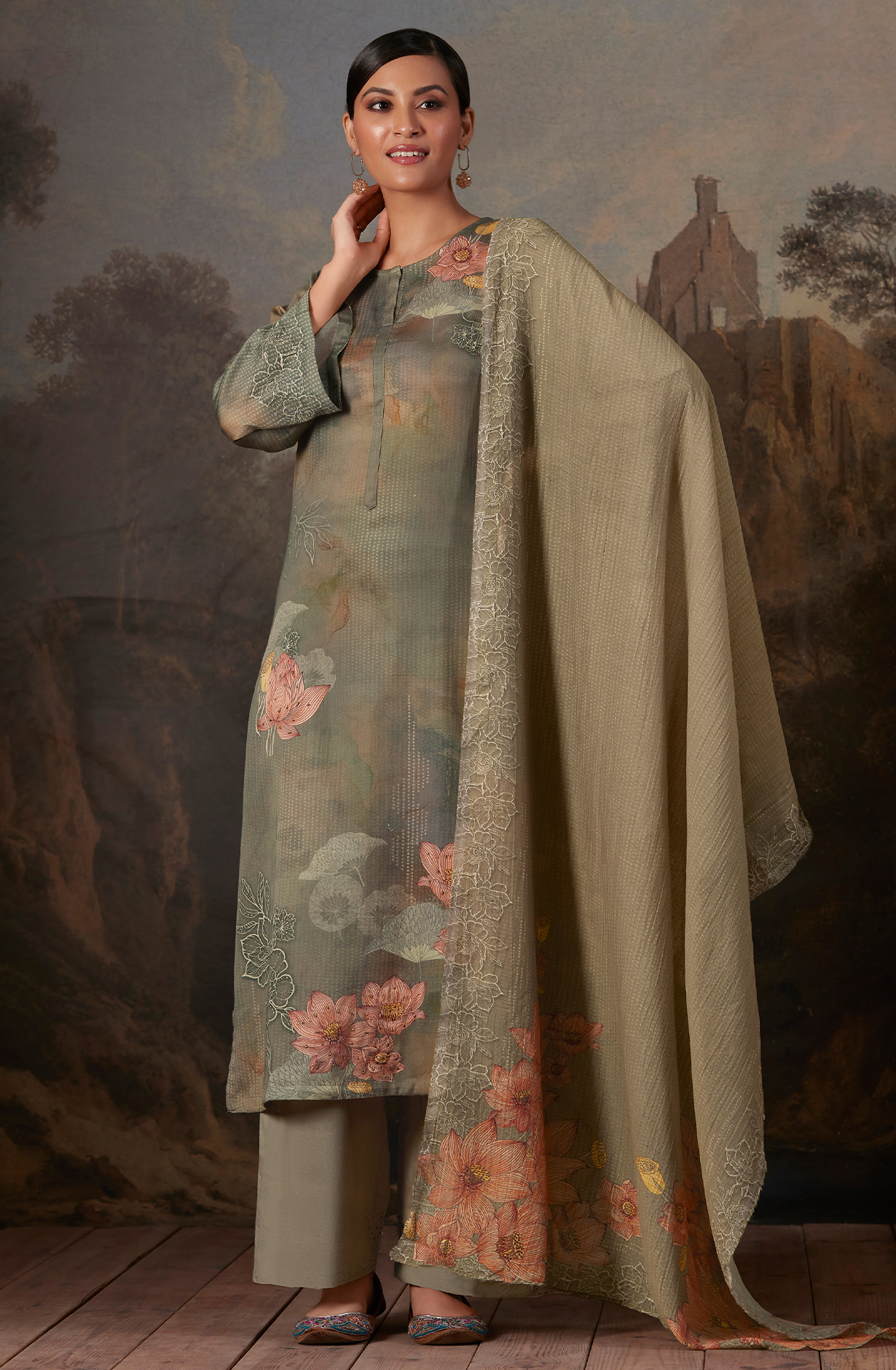 Cotton Olive Green Digital Printed Unstitched Salwar Kameez - AAS970