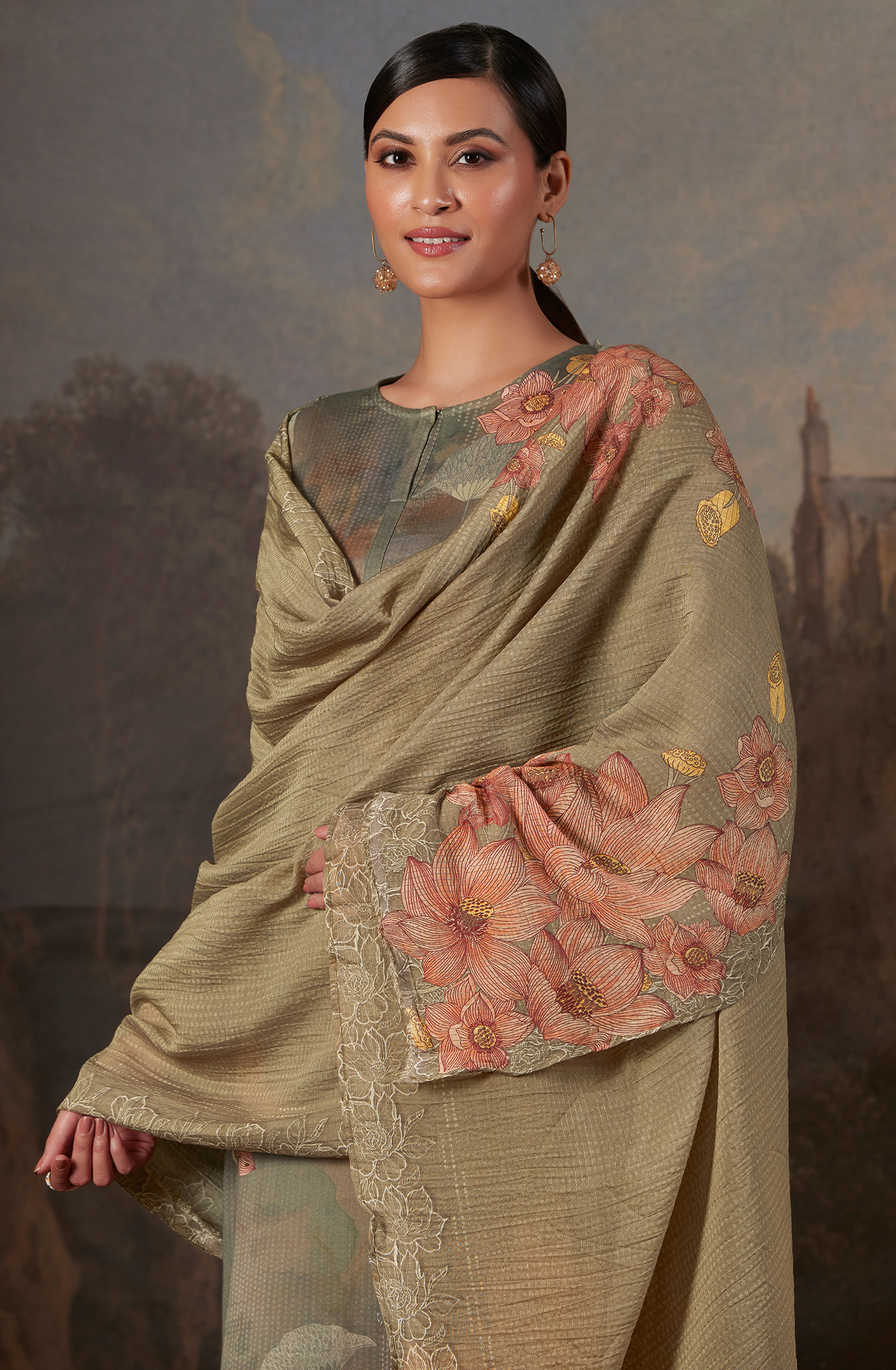 Cotton Olive Green Digital Printed Unstitched Salwar Kameez - AAS970