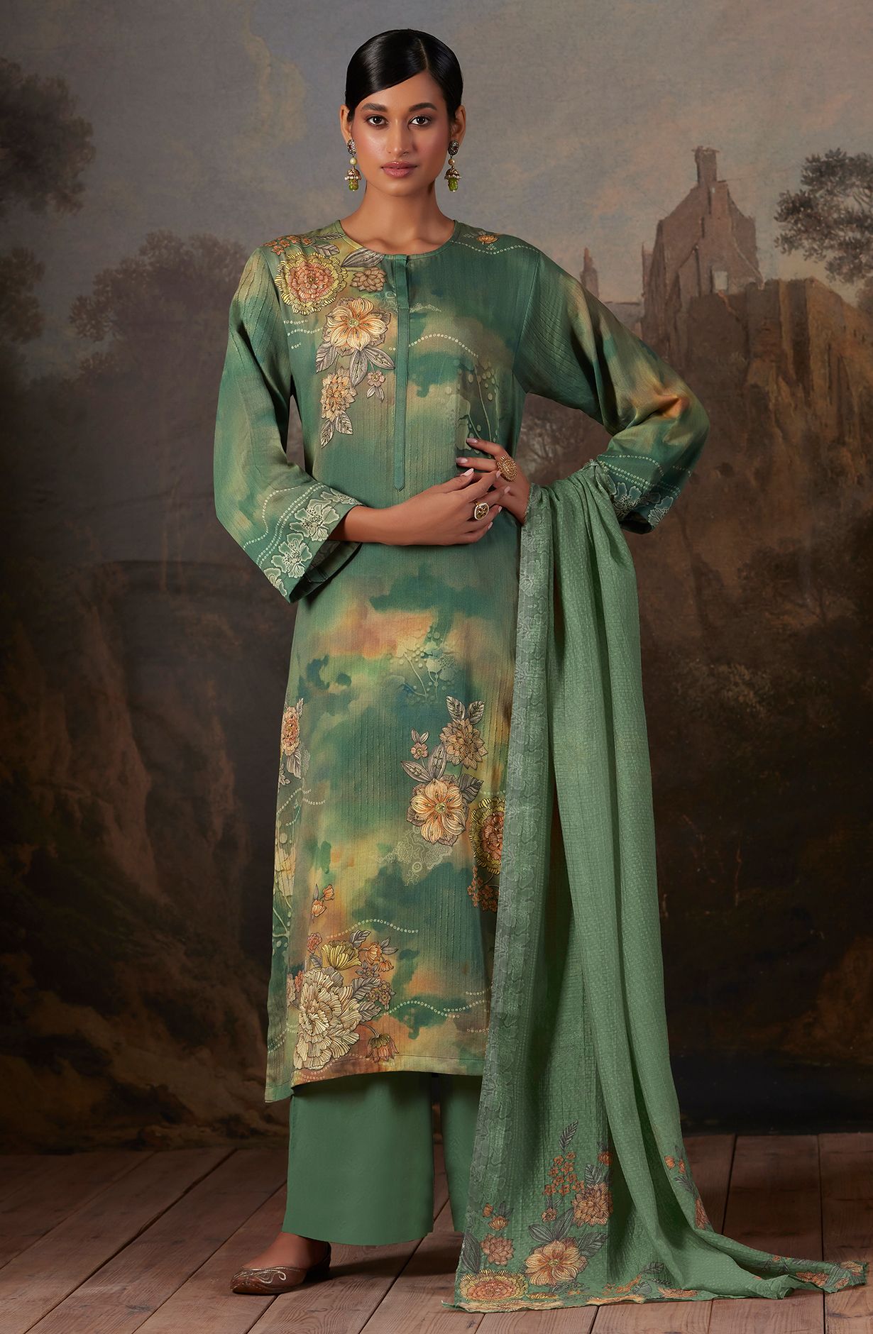 Cotton Green Digital Printed Unstitched Salwar Kameez - AAS980