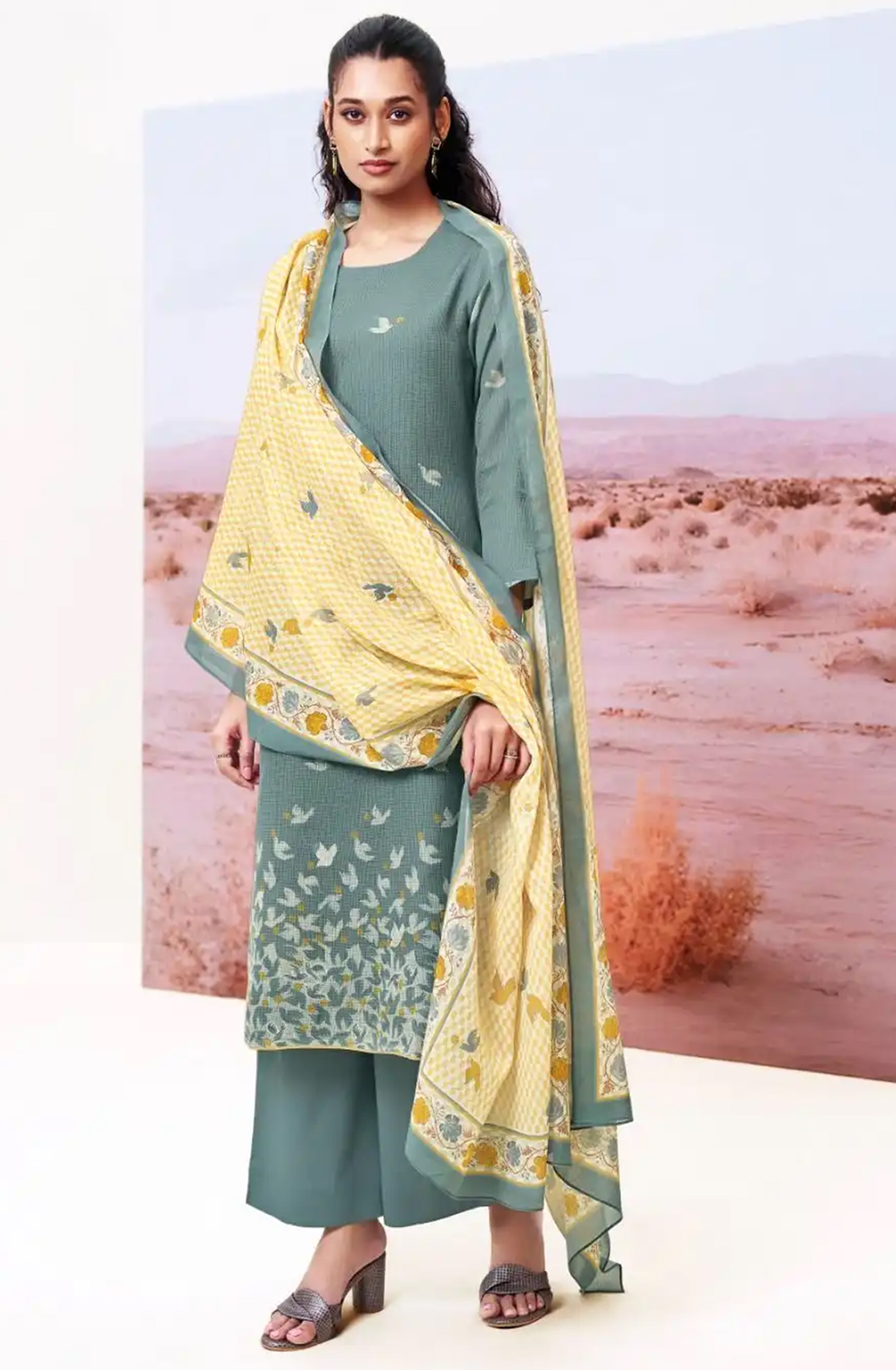 Grey Cotton Suit Set with Dupatta- ABES3415A