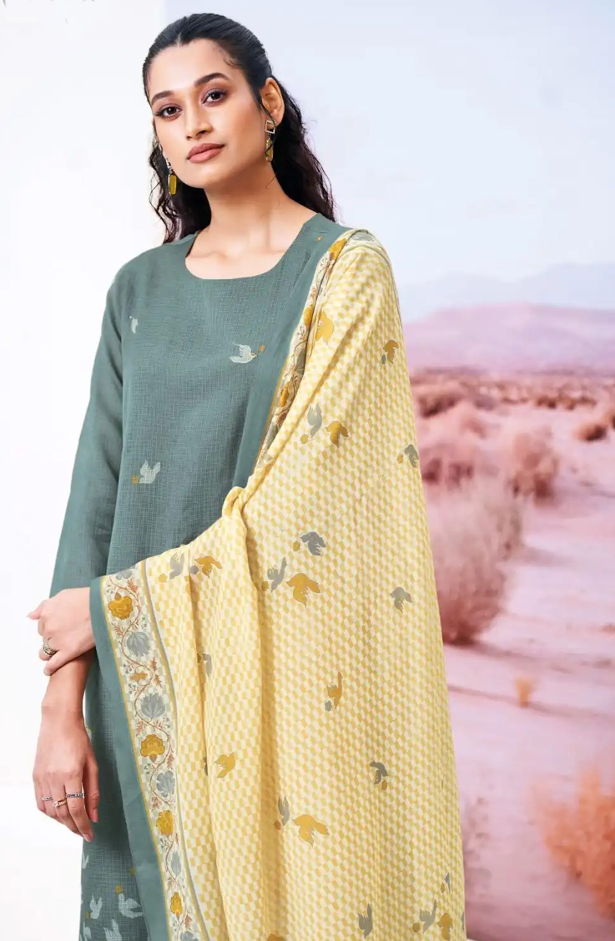 Grey Cotton Suit Set with Dupatta- ABES3415A