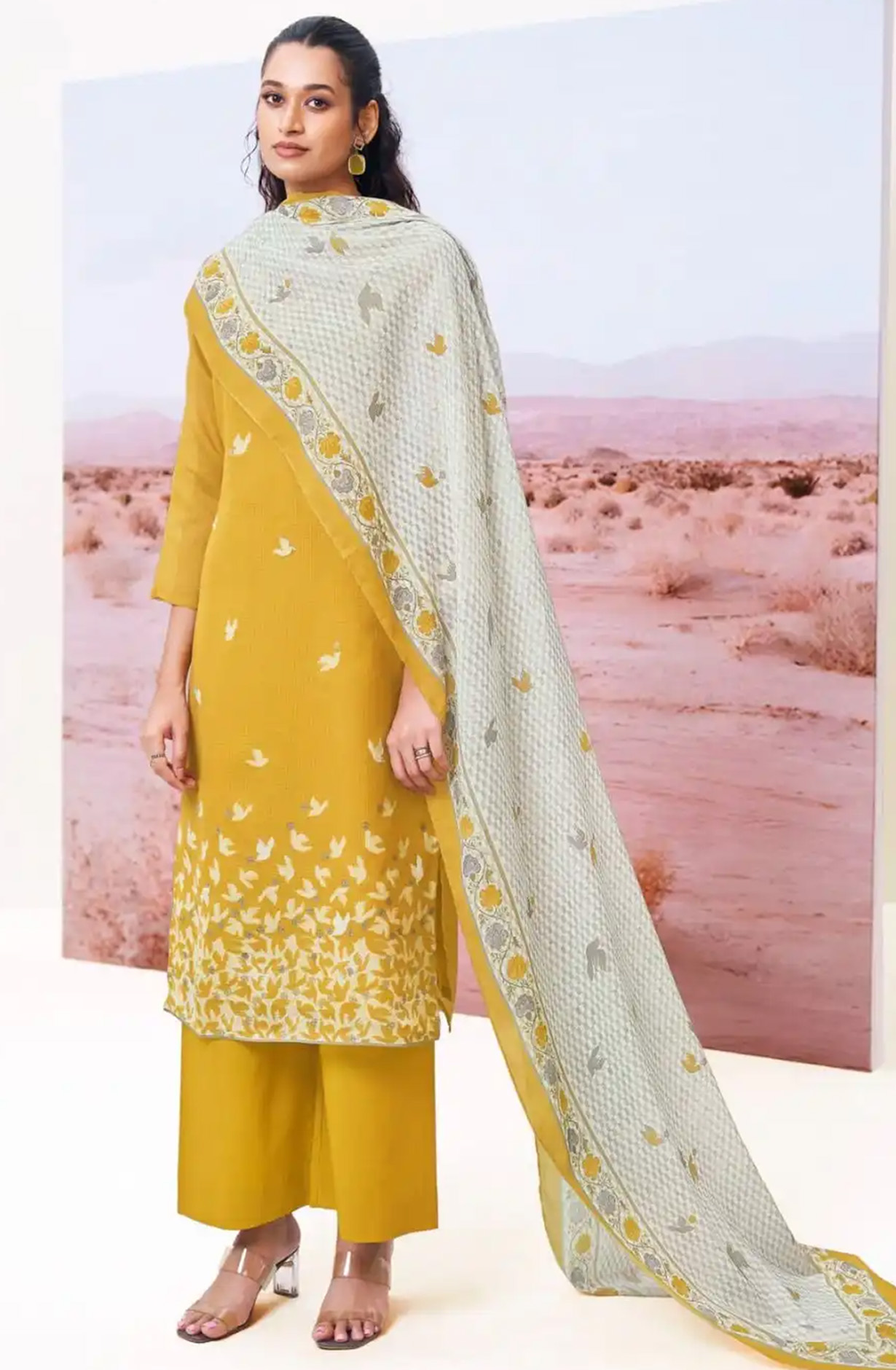 Yellow Cotton Suit Set with Dupatta- ABES3415B