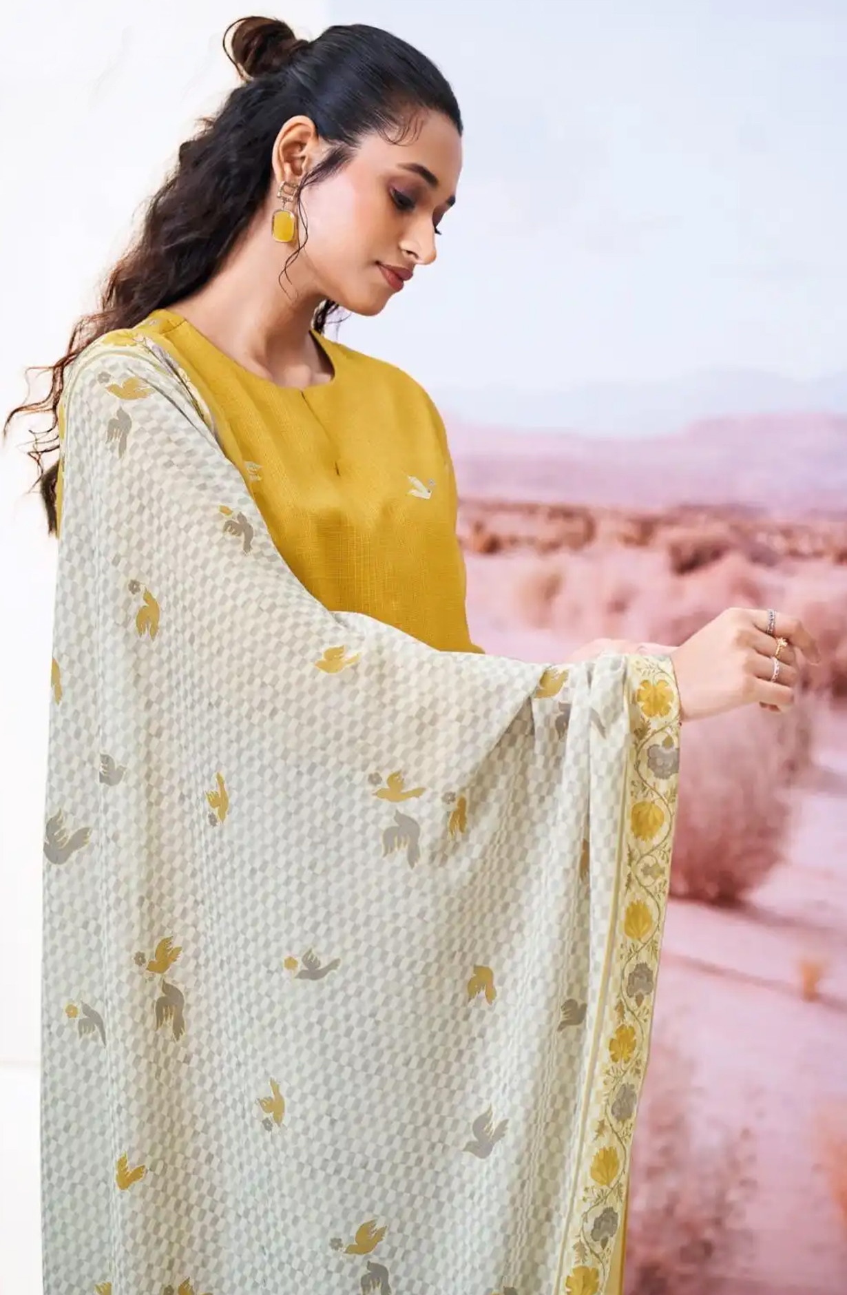 Yellow Cotton Suit Set with Dupatta- ABES3415B