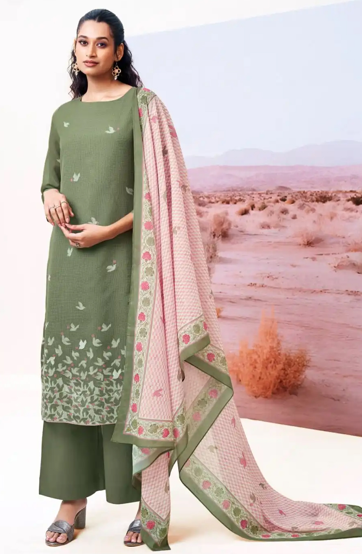 Mehndi Green Cotton Suit Set with Dupatta- ABES3415C