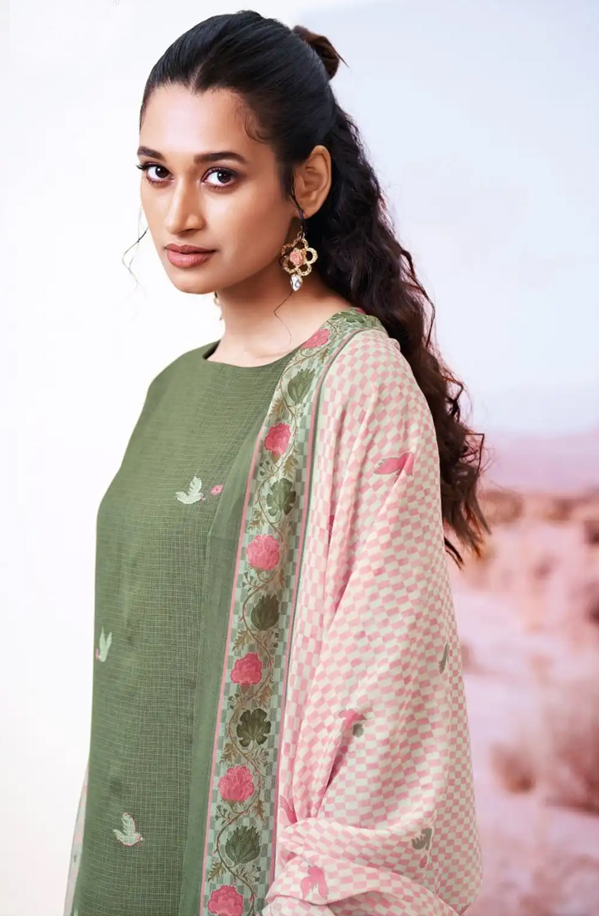 Mehndi Green Cotton Suit Set with Dupatta- ABES3415C