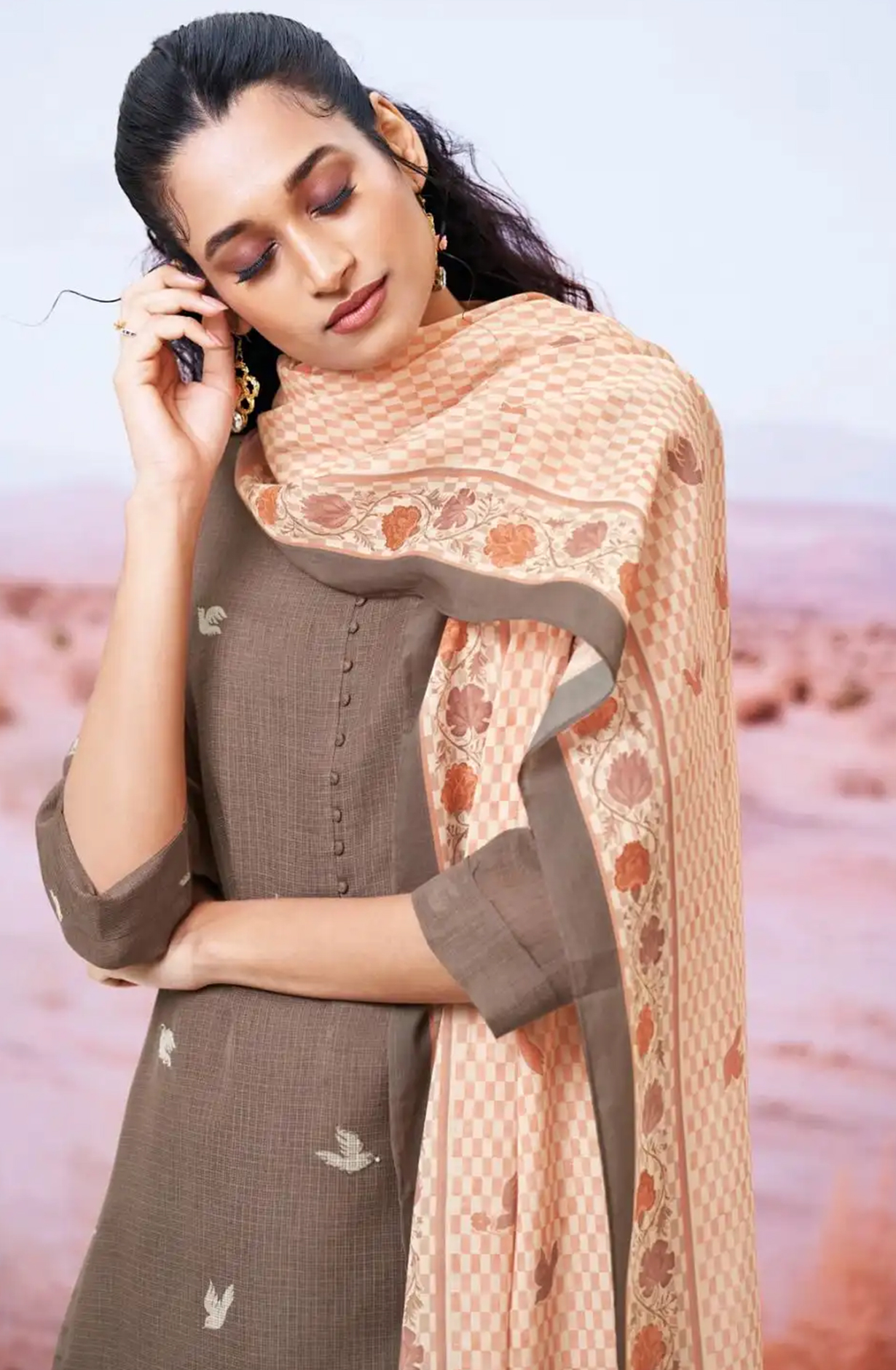 Brown Cotton Suit Set with Dupatta- ABES3415D