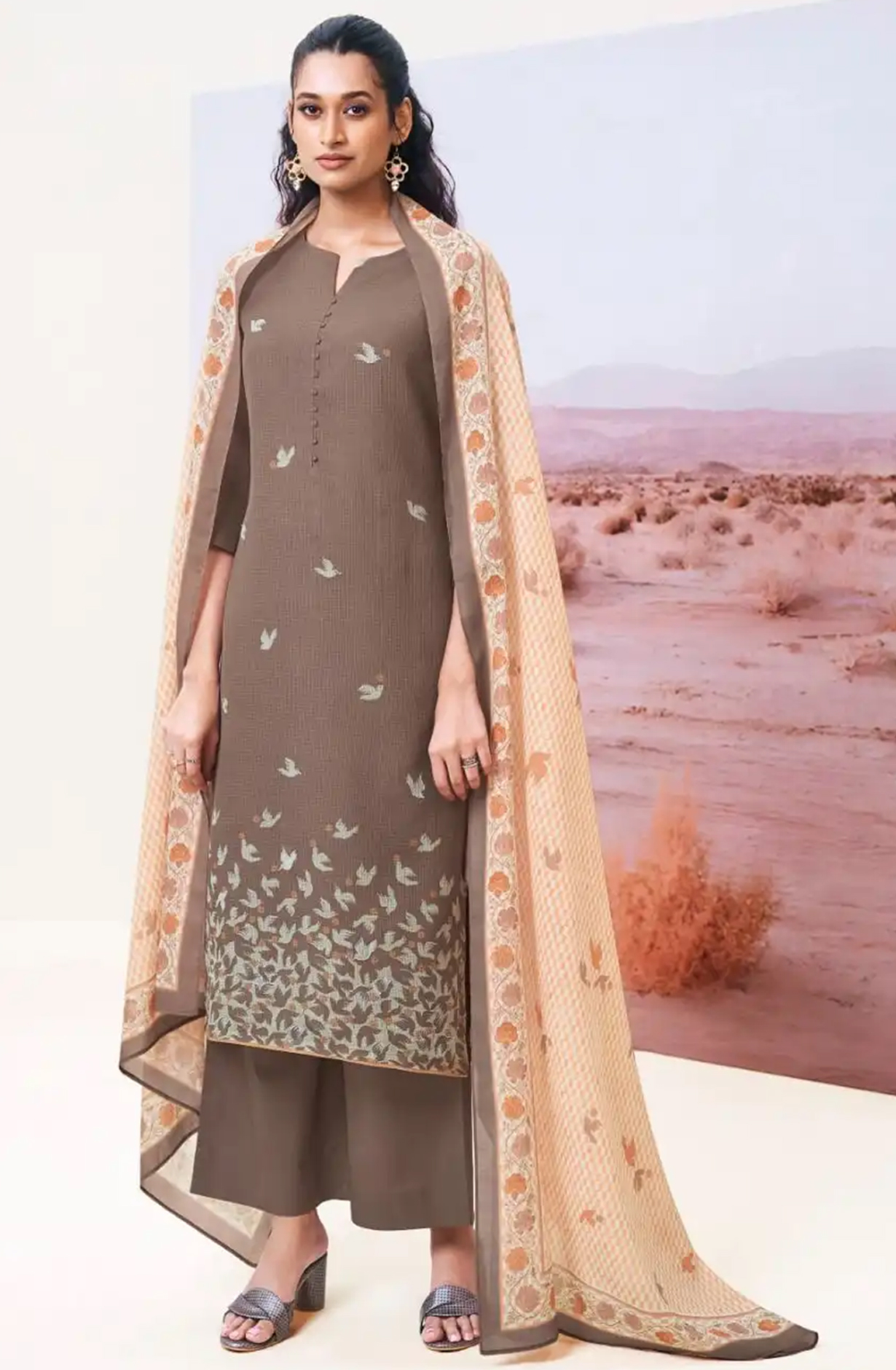 Brown Cotton Suit Set with Dupatta- ABES3415D