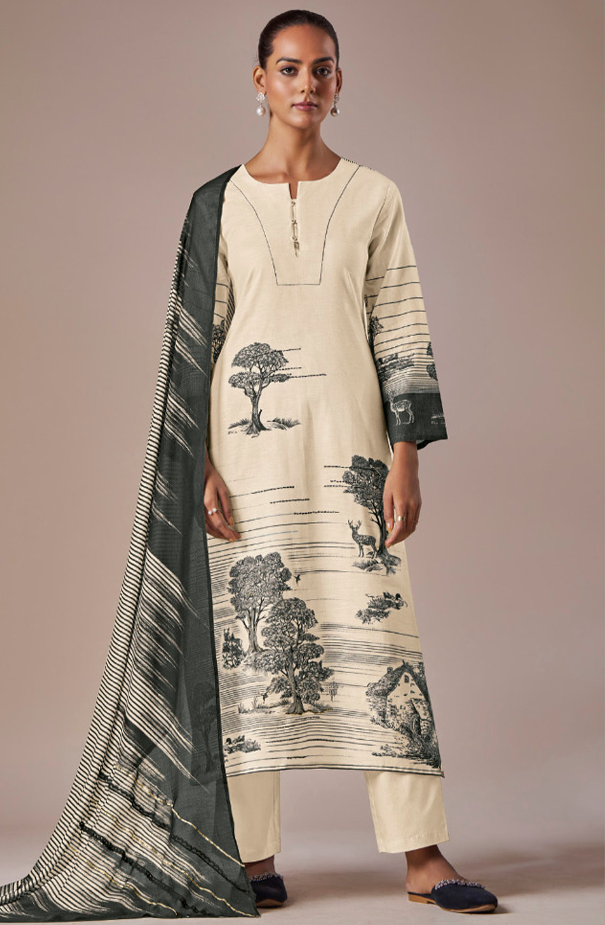 Printed Cotton Suit Set with Dupatta - ACE5191A