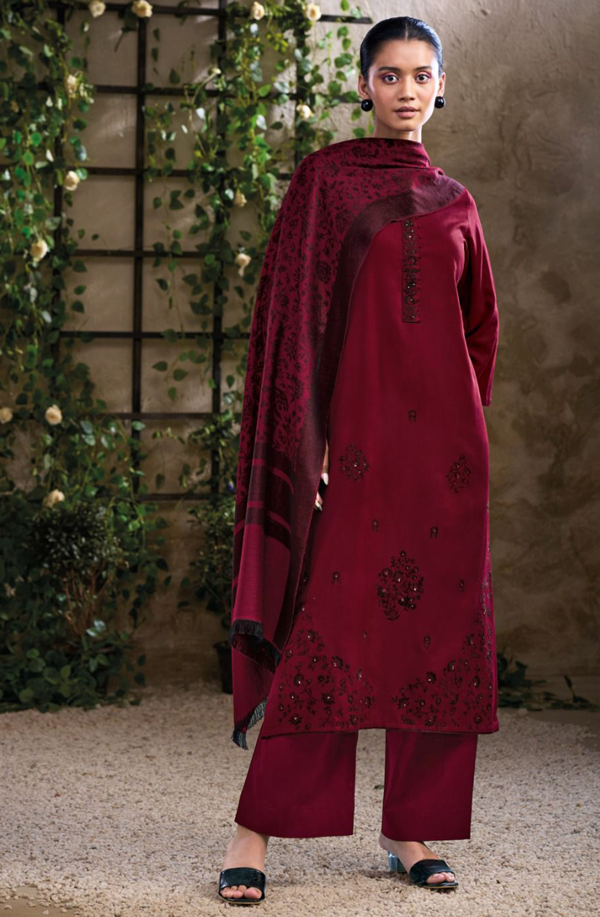 Wine Pashmina with Dobby solid color work embroidery- ACHS2975A
