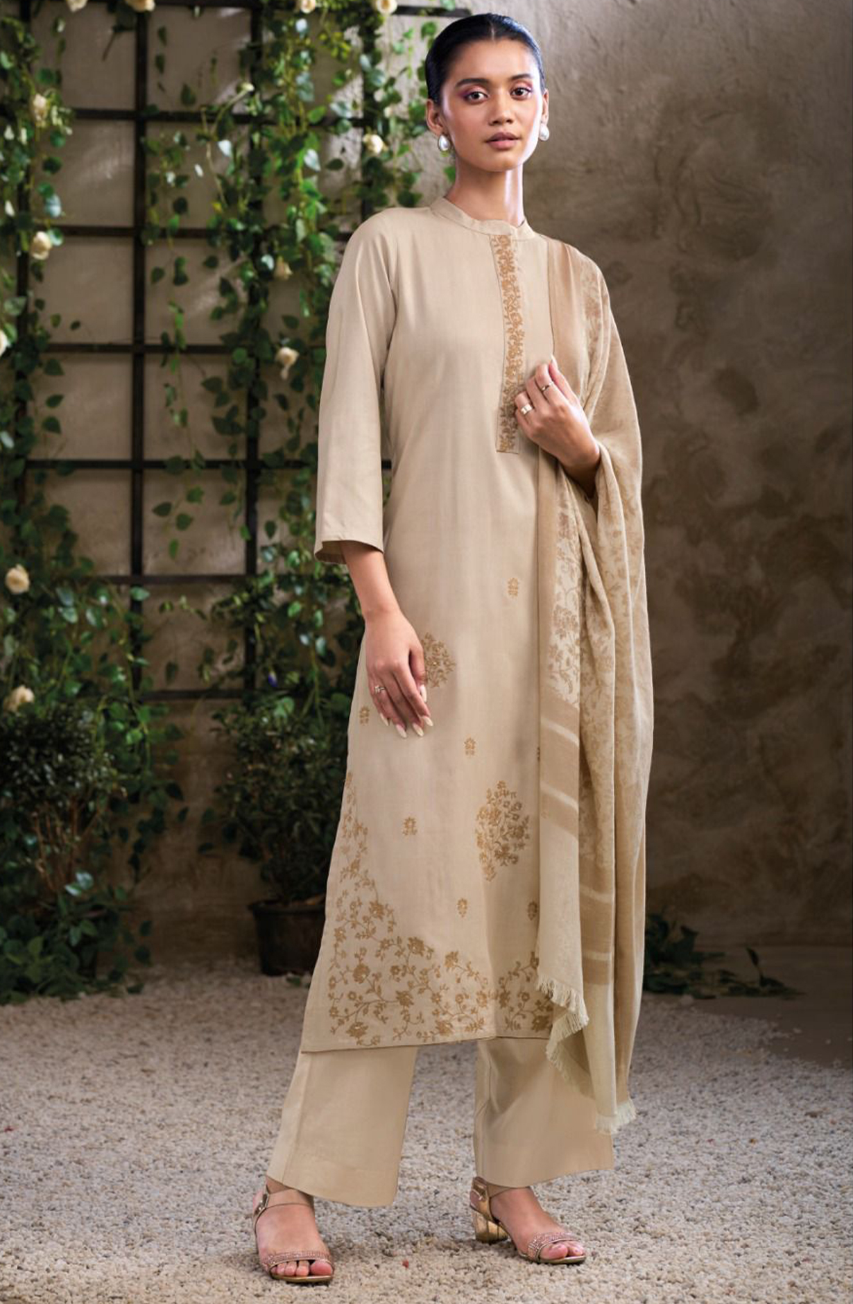 Cream Pashmina with Dobby solid color work embroidery- ACHS2975B