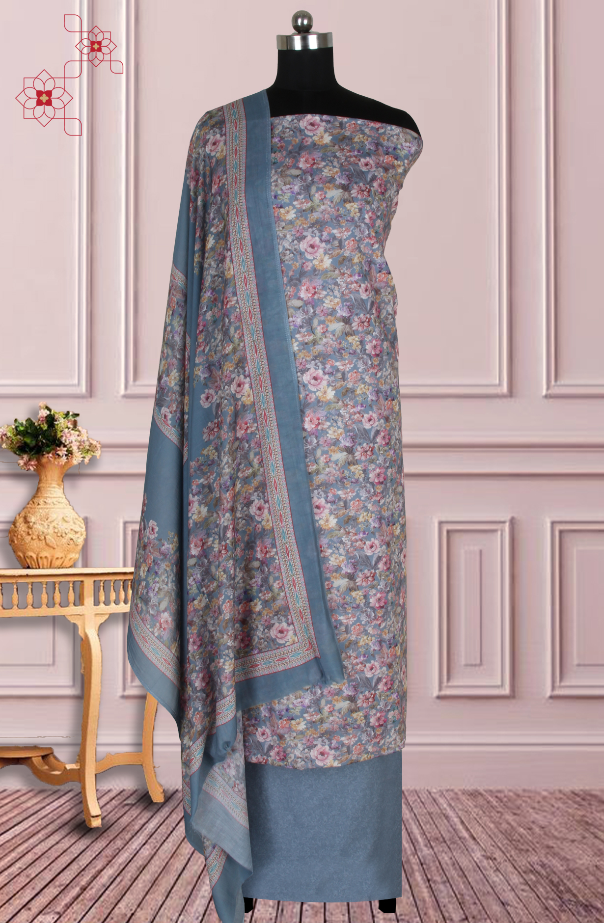 Grey Cotton Digital Floral Printed Unstitched Suit with Dupatta - ADA6048K