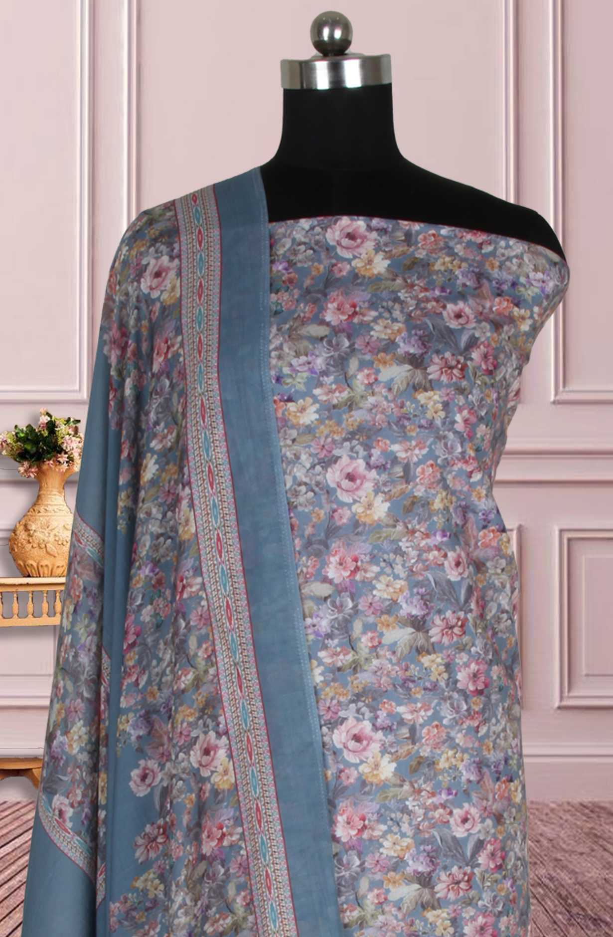 Grey Cotton Digital Floral Printed Unstitched Suit with Dupatta - ADA6048K