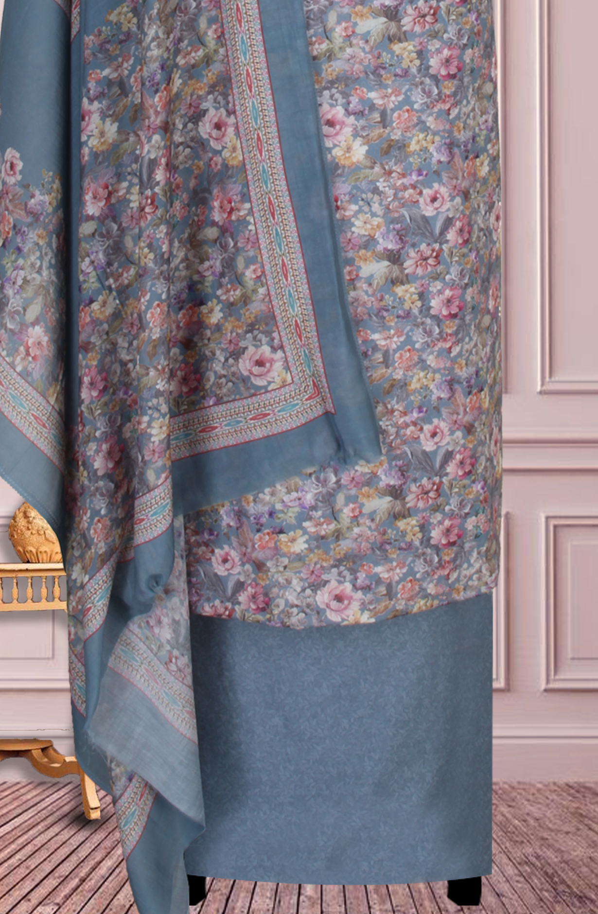 Grey Cotton Digital Floral Printed Unstitched Suit with Dupatta - ADA6048K