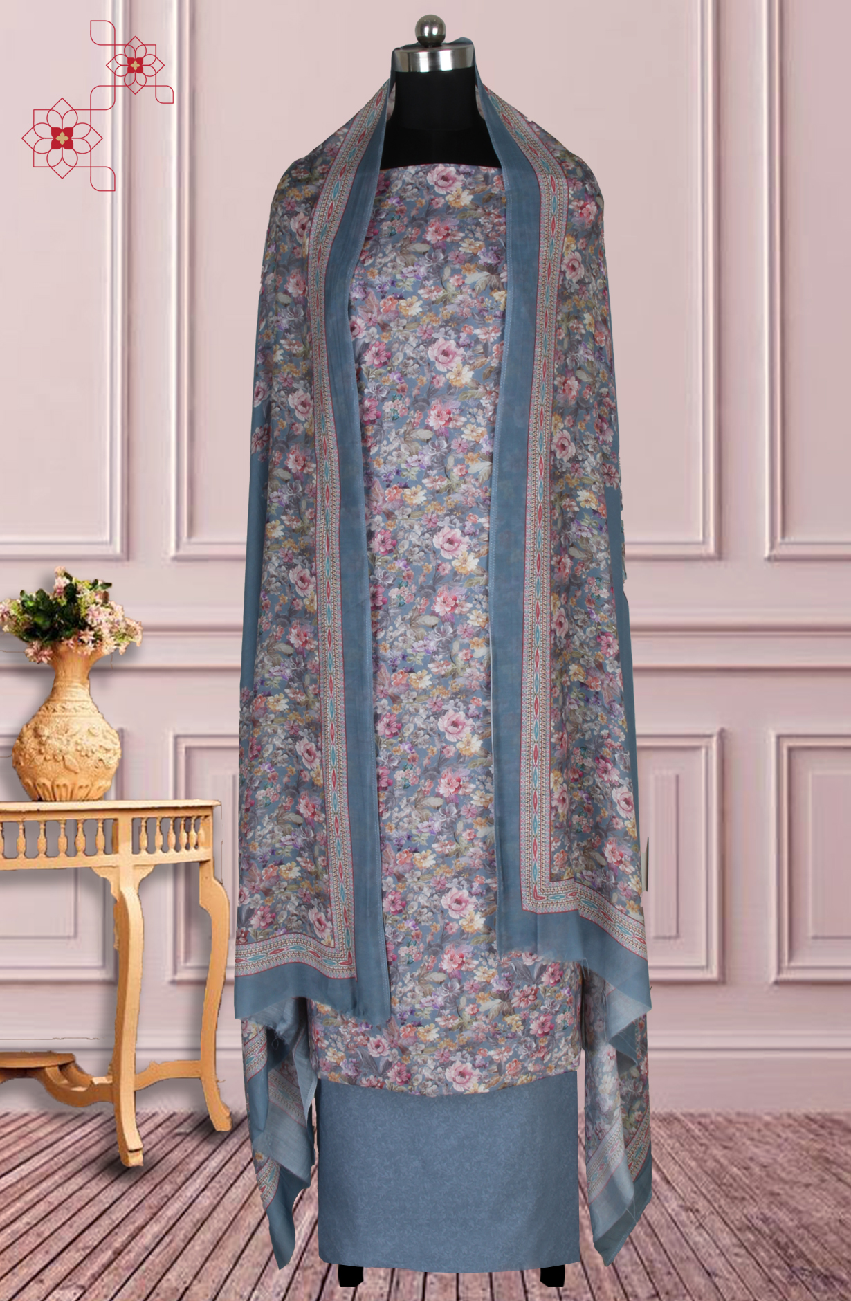 Grey Cotton Digital Floral Printed Unstitched Suit with Dupatta - ADA6048K