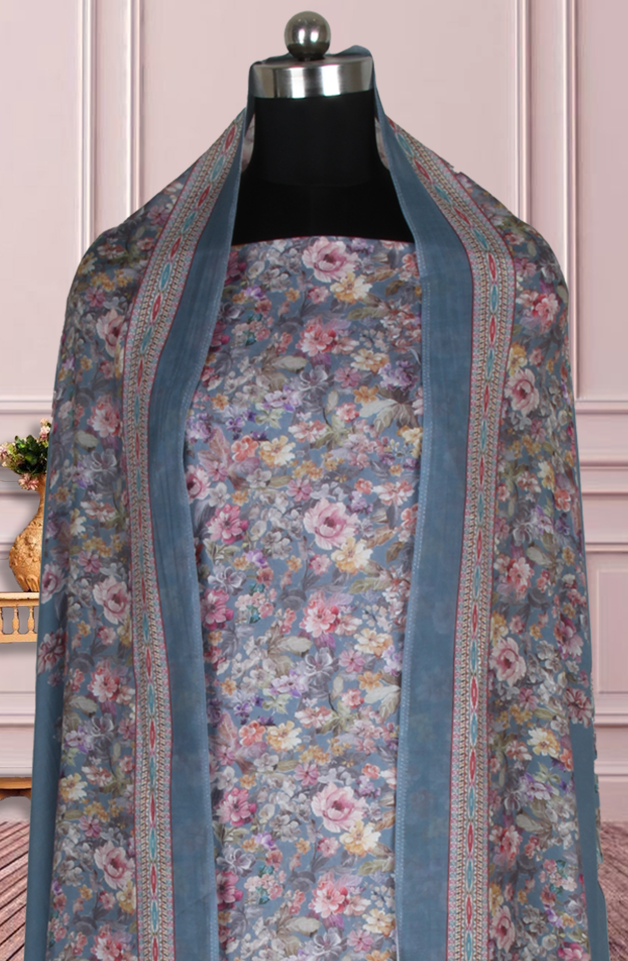 Grey Cotton Digital Floral Printed Unstitched Suit with Dupatta - ADA6048K