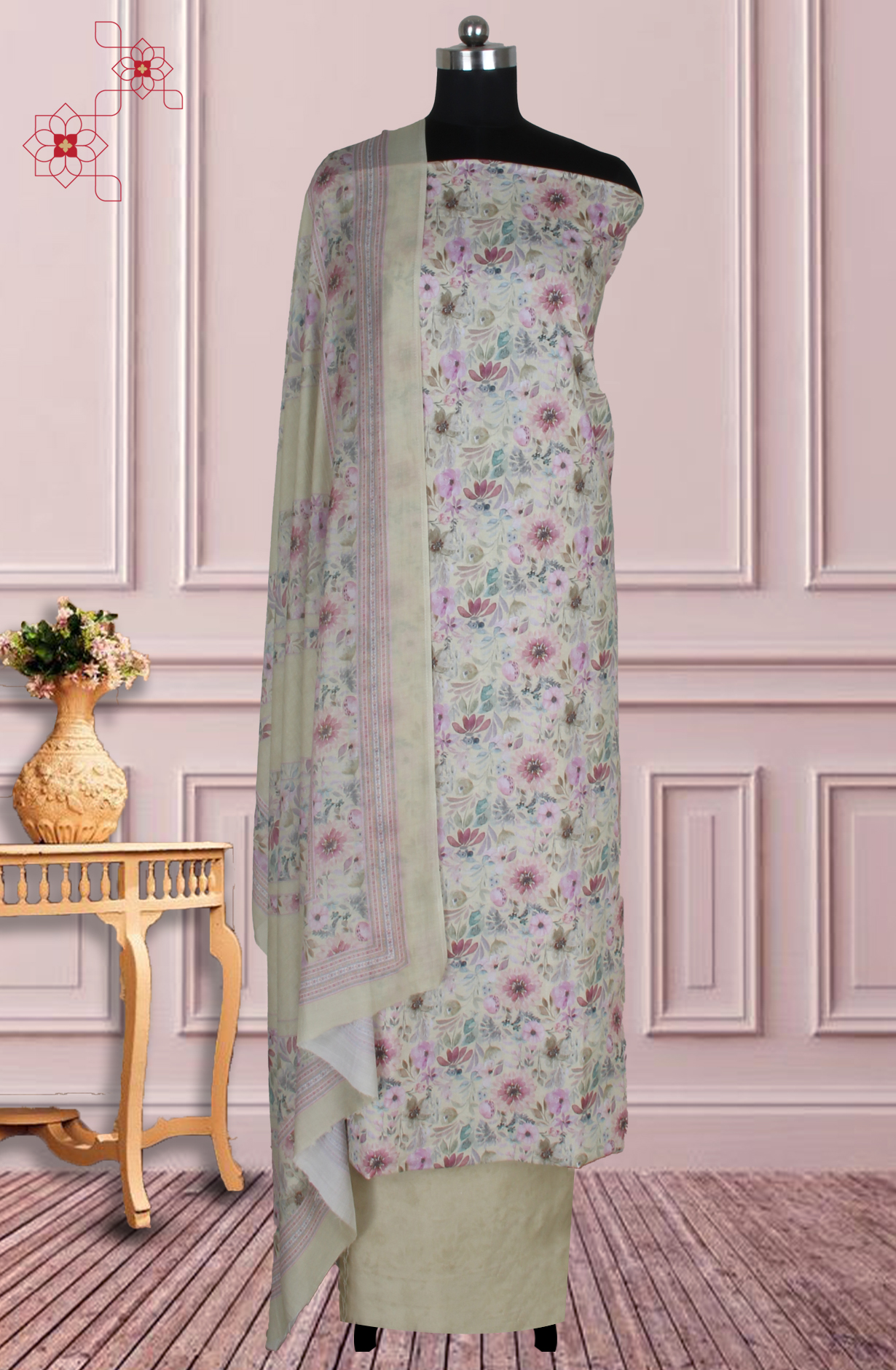 Mehndi Green Cotton Digital Floral Printed Unstitched Suit with Dupatta - ADA6069I