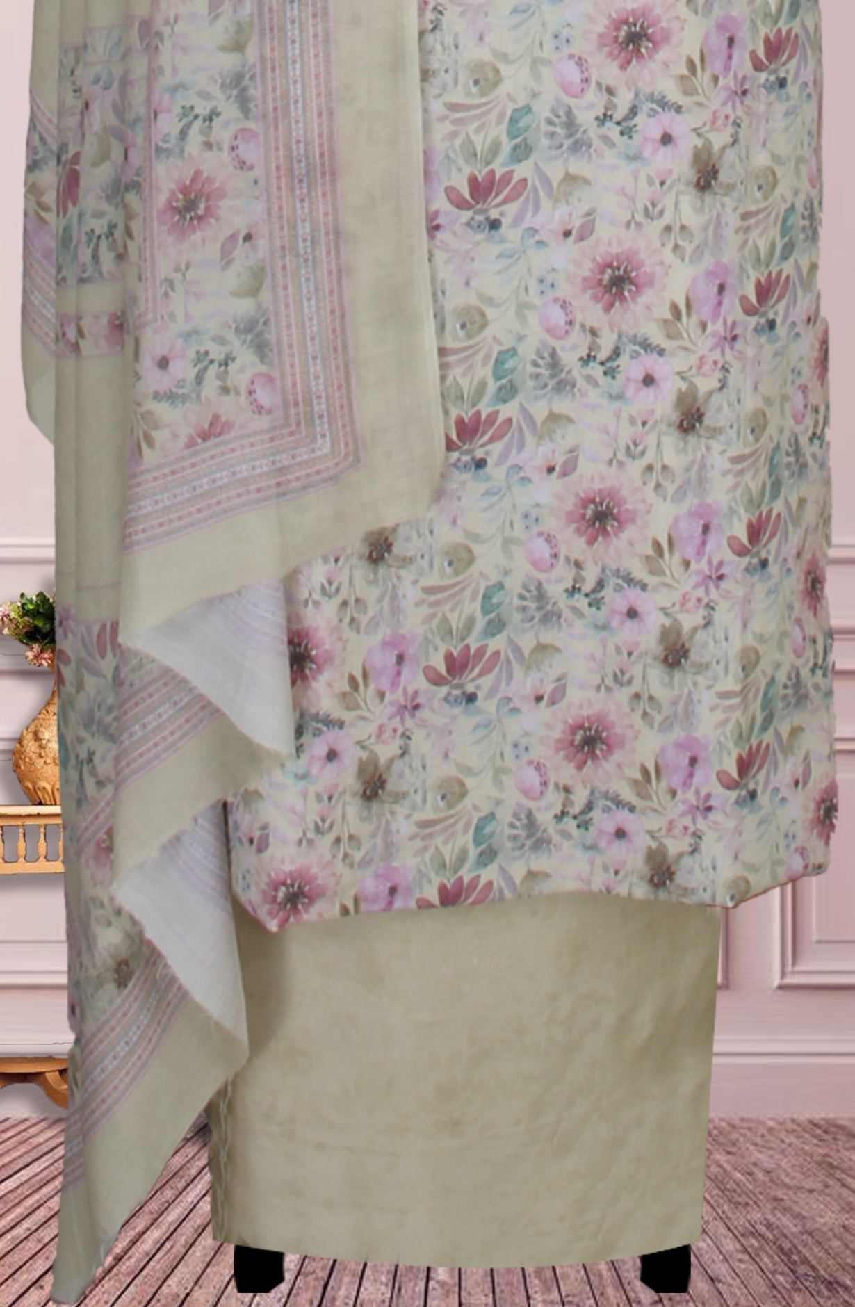 Mehndi Green Cotton Digital Floral Printed Unstitched Suit with Dupatta - ADA6069I