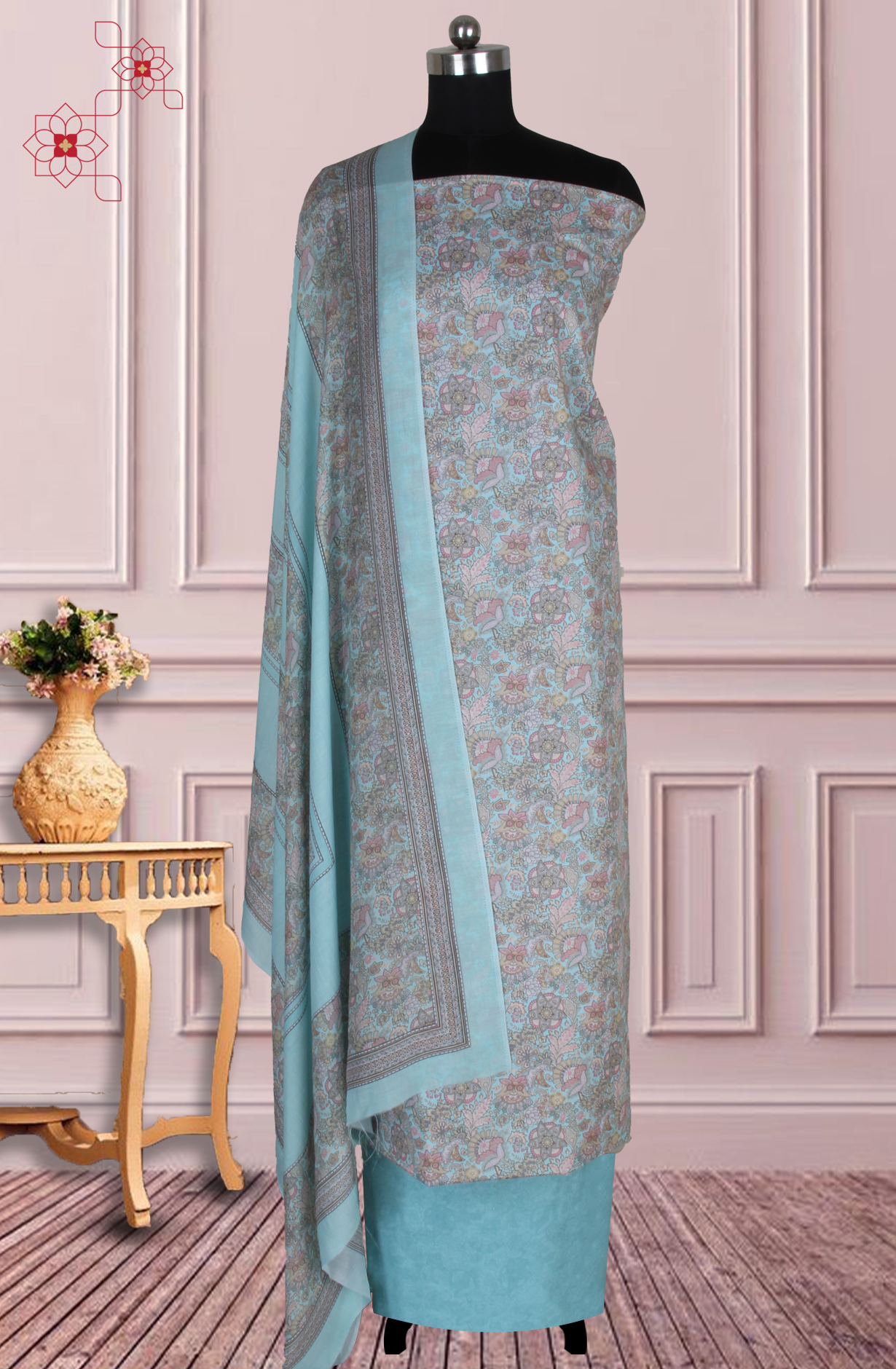 Firozi Cotton Digital Floral Printed Unstitched Suit with Dupatta - ADA6146E