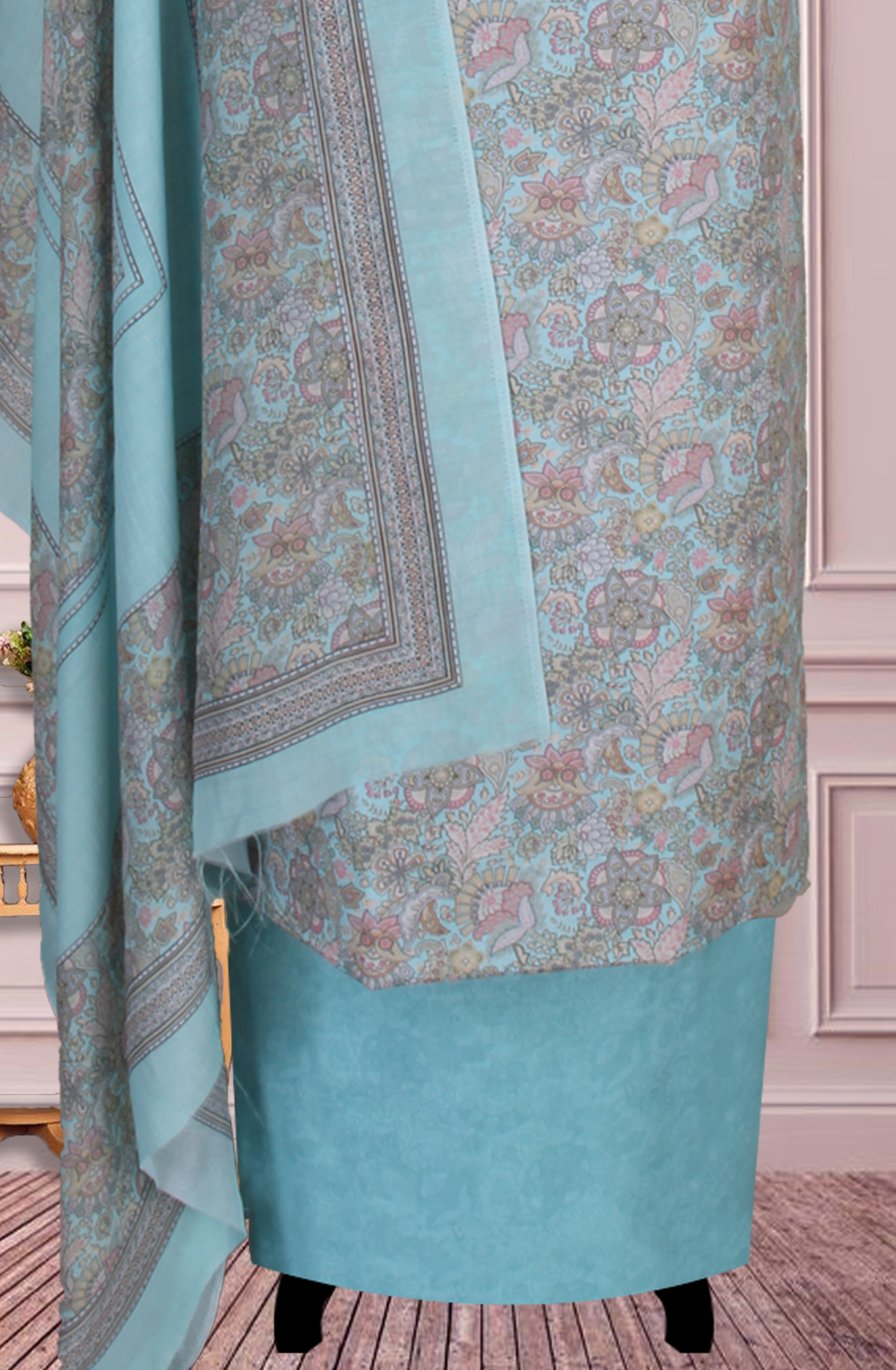 Firozi Cotton Digital Floral Printed Unstitched Suit with Dupatta - ADA6146E