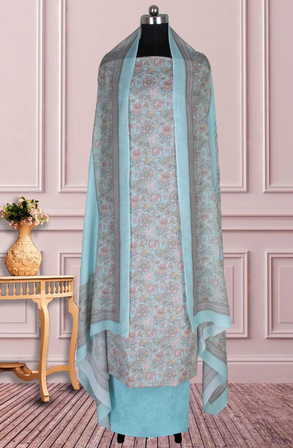 Firozi Cotton Digital Floral Printed Unstitched Suit with Dupatta - ADA6146E