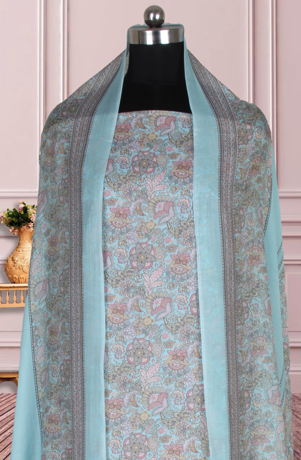 Firozi Cotton Digital Floral Printed Unstitched Suit with Dupatta - ADA6146E