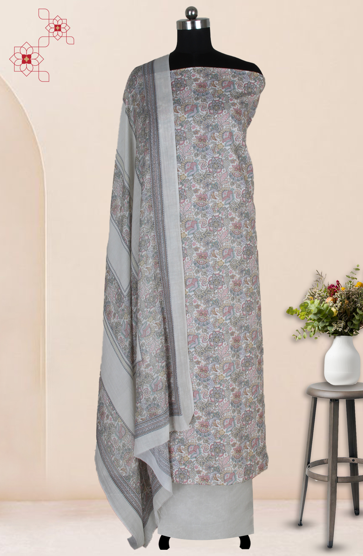 Cream Cotton Digital Floral Printed Unstitched Suit with Dupatta - ADA6146F