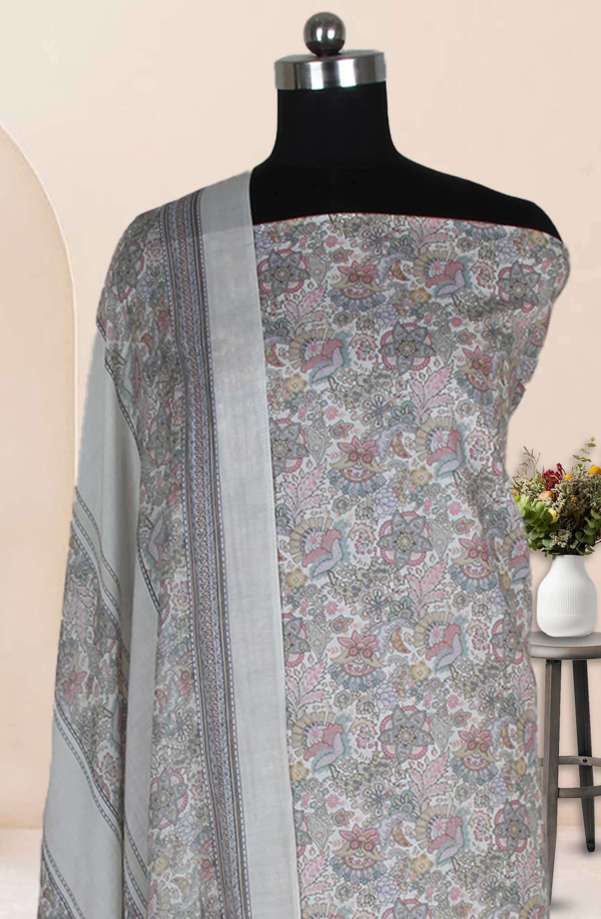 Cream Cotton Digital Floral Printed Unstitched Suit with Dupatta - ADA6146F