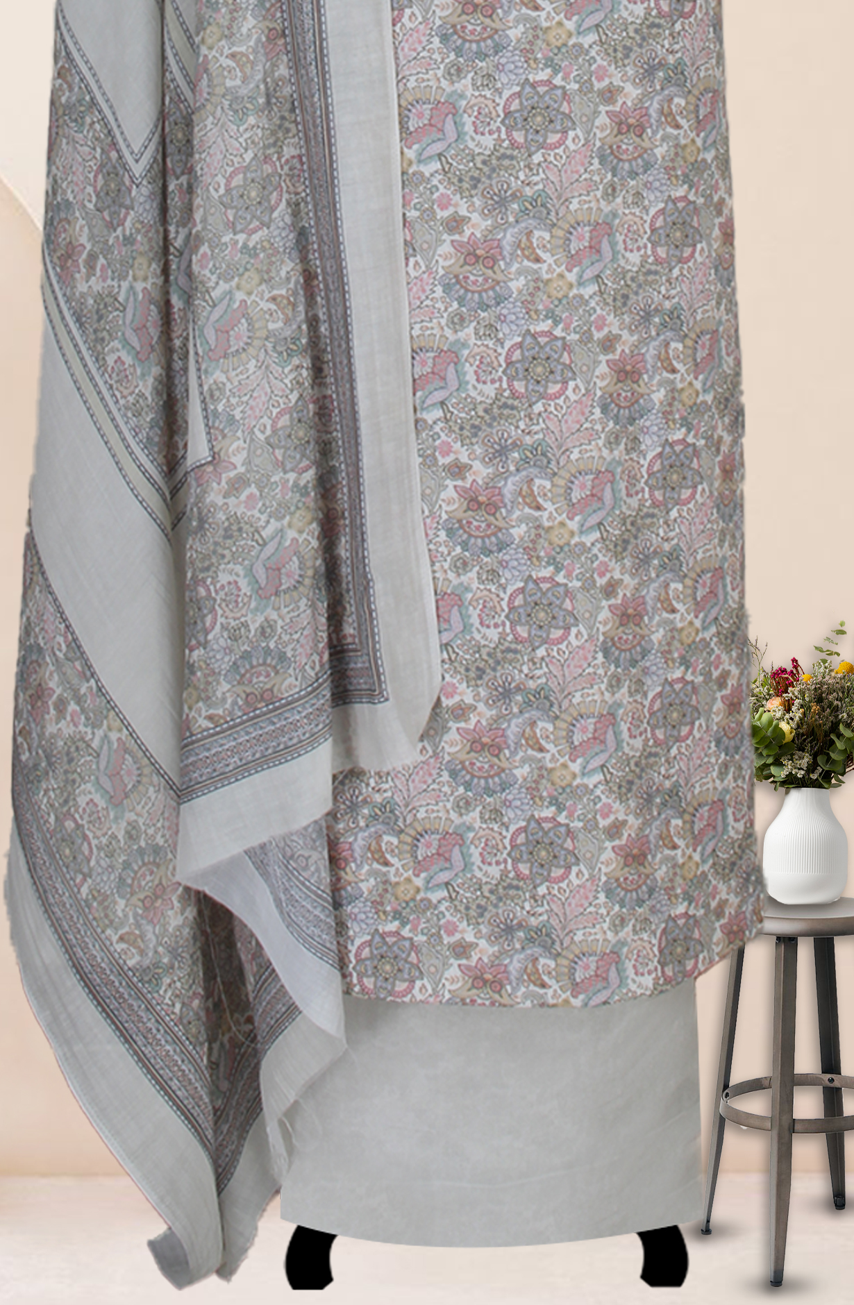 Cream Cotton Digital Floral Printed Unstitched Suit with Dupatta - ADA6146F
