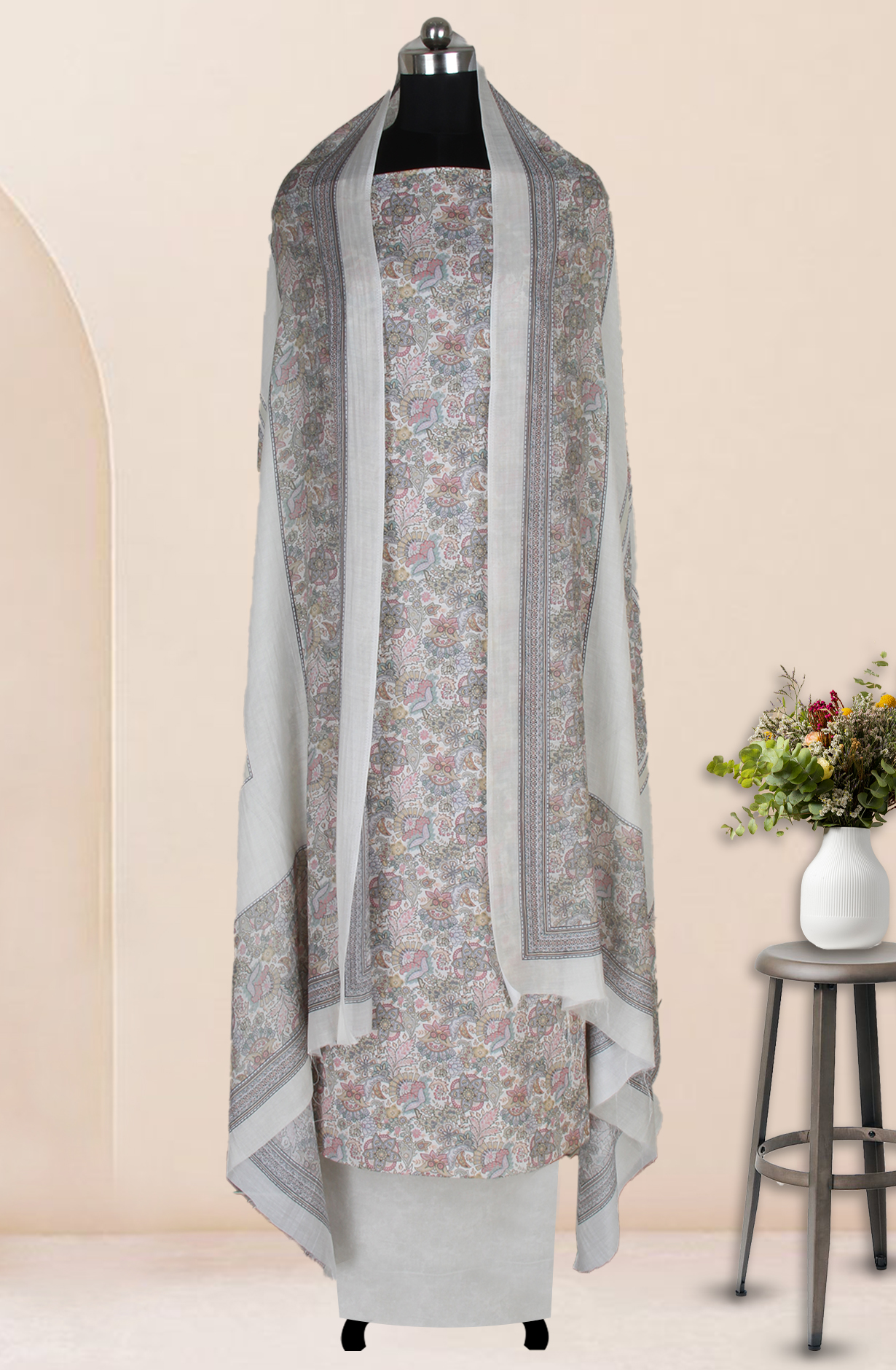 Cream Cotton Digital Floral Printed Unstitched Suit with Dupatta - ADA6146F