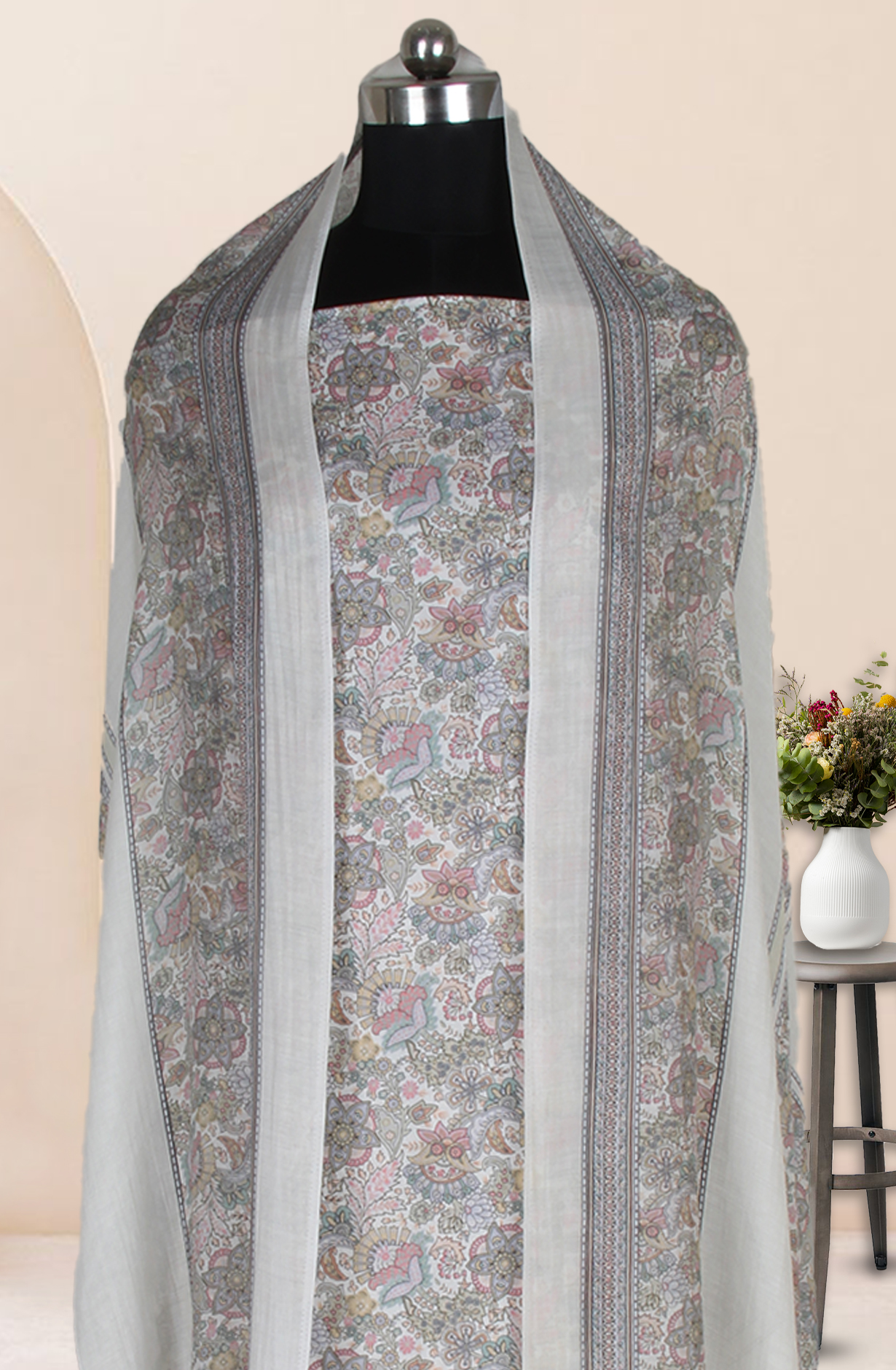 Cream Cotton Digital Floral Printed Unstitched Suit with Dupatta - ADA6146F
