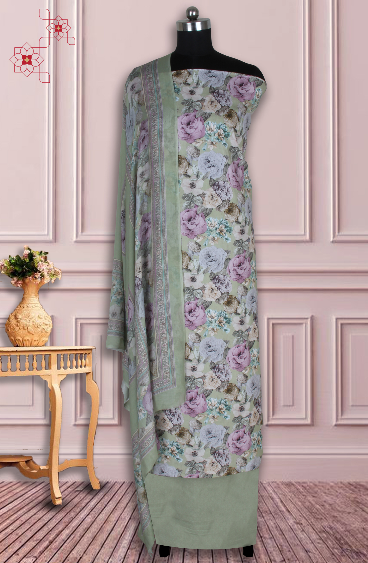 Green Cotton Digital Floral Printed Unstitched Suit with Dupatta - ADA6156A