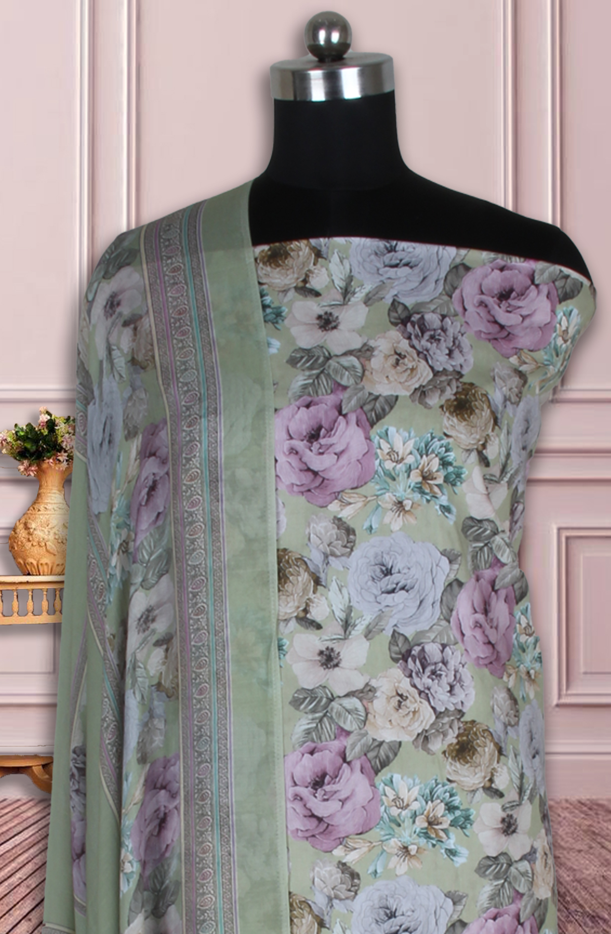 Green Cotton Digital Floral Printed Unstitched Suit with Dupatta - ADA6156A