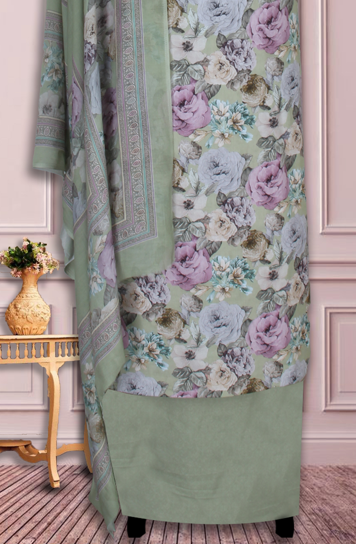 Green Cotton Digital Floral Printed Unstitched Suit with Dupatta - ADA6156A