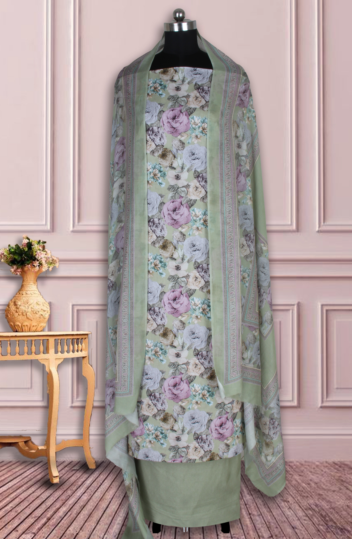 Green Cotton Digital Floral Printed Unstitched Suit with Dupatta - ADA6156A