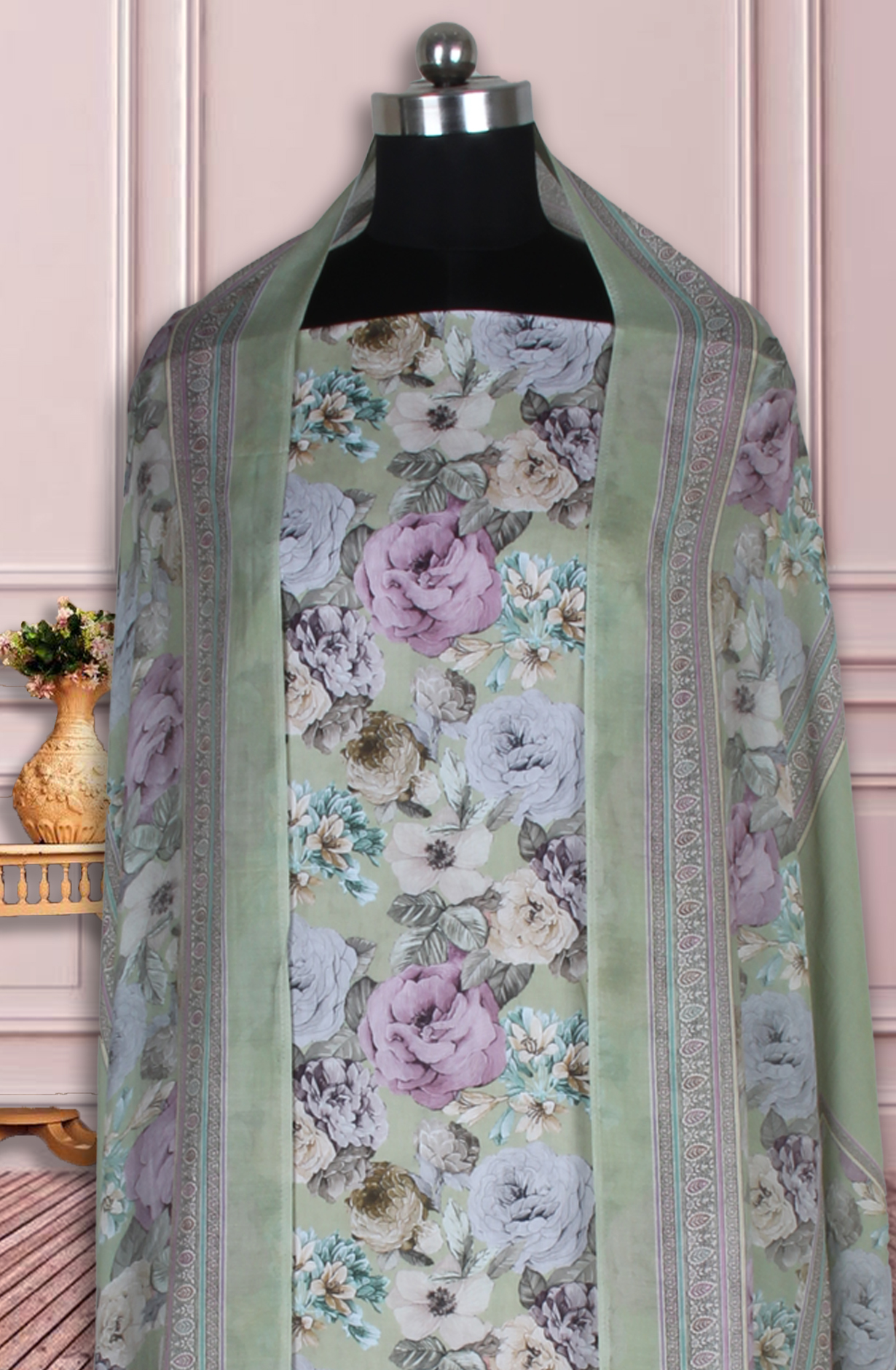 Green Cotton Digital Floral Printed Unstitched Suit with Dupatta - ADA6156A