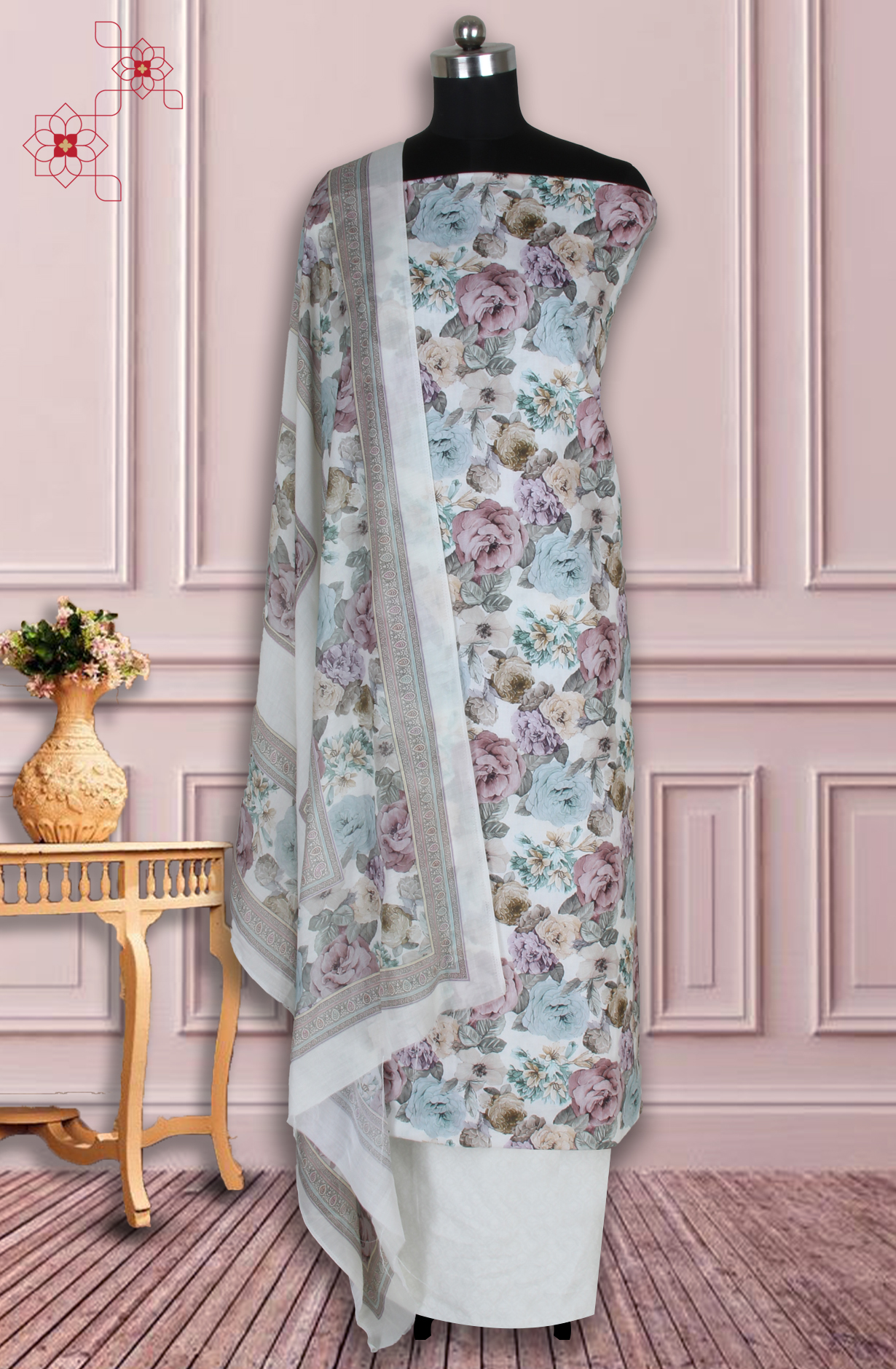 Multicolor Cotton Digital Floral Printed Unstitched Suit with Dupatta - ADA6156B