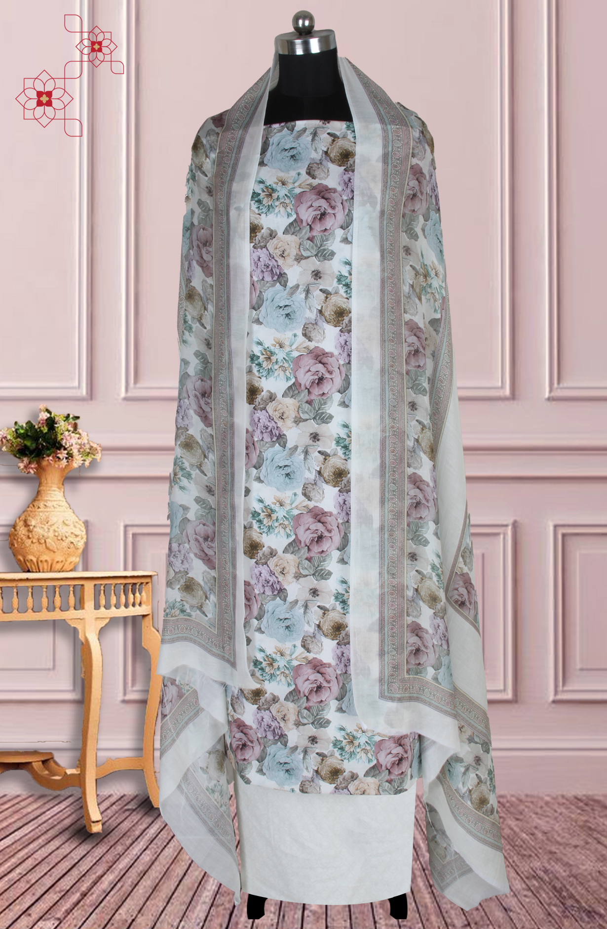 Multicolor Cotton Digital Floral Printed Unstitched Suit with Dupatta - ADA6156B