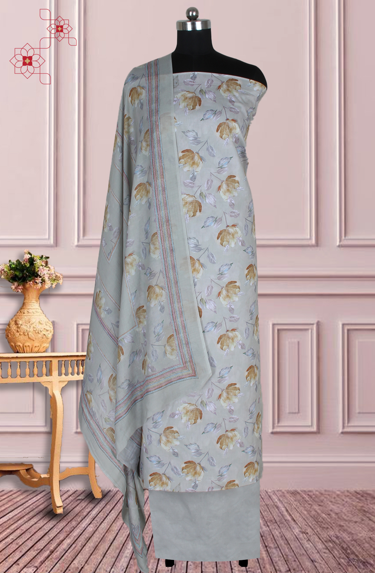 Pastel Green Cotton Digital Floral Printed Unstitched Suit with Dupatta - ADA6220A