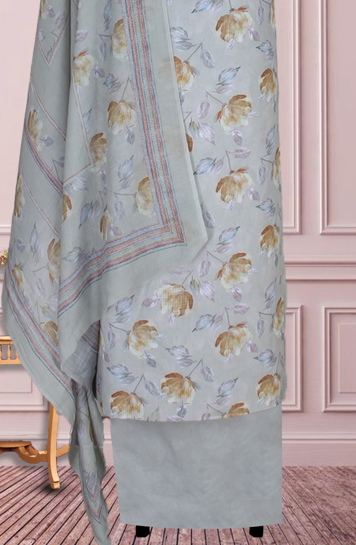 Pastel Green Cotton Digital Floral Printed Unstitched Suit with Dupatta - ADA6220A