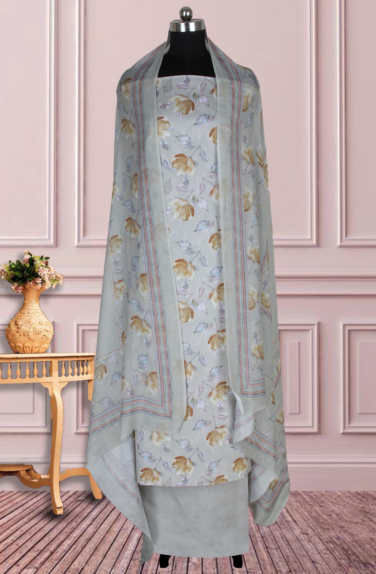 Pastel Green Cotton Digital Floral Printed Unstitched Suit with Dupatta - ADA6220A