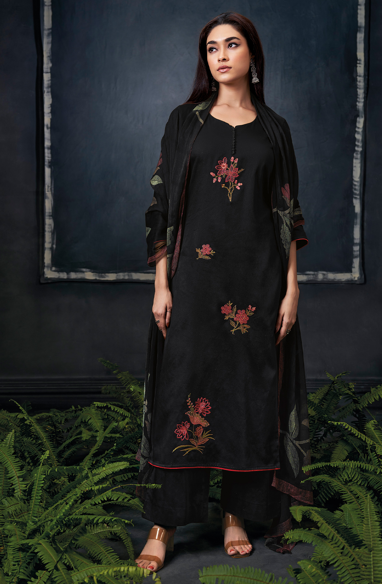 Black Cotton Silk Festive Unstitched Suit with Chiffon Dupatta - ADES2333A