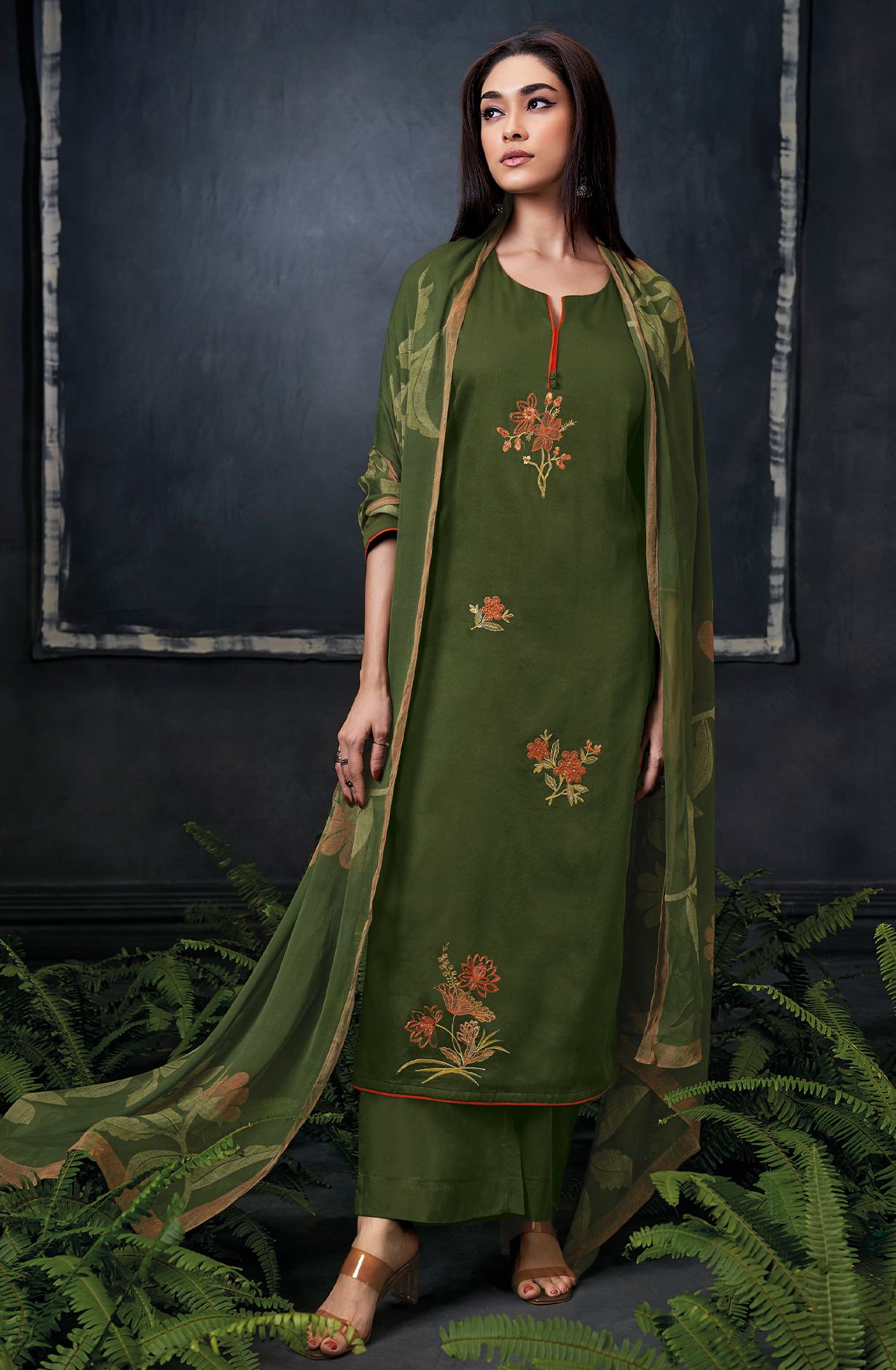 Bottle Green Cotton Silk Festive Unstitched Suit with Chiffon Dupatta - ADES2333B